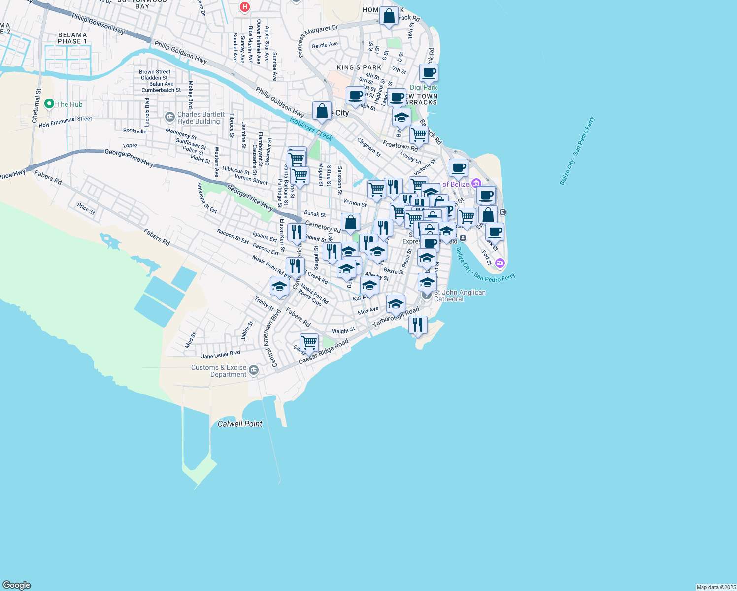 map of restaurants, bars, coffee shops, grocery stores, and more near Amara Avenue in Belize City
