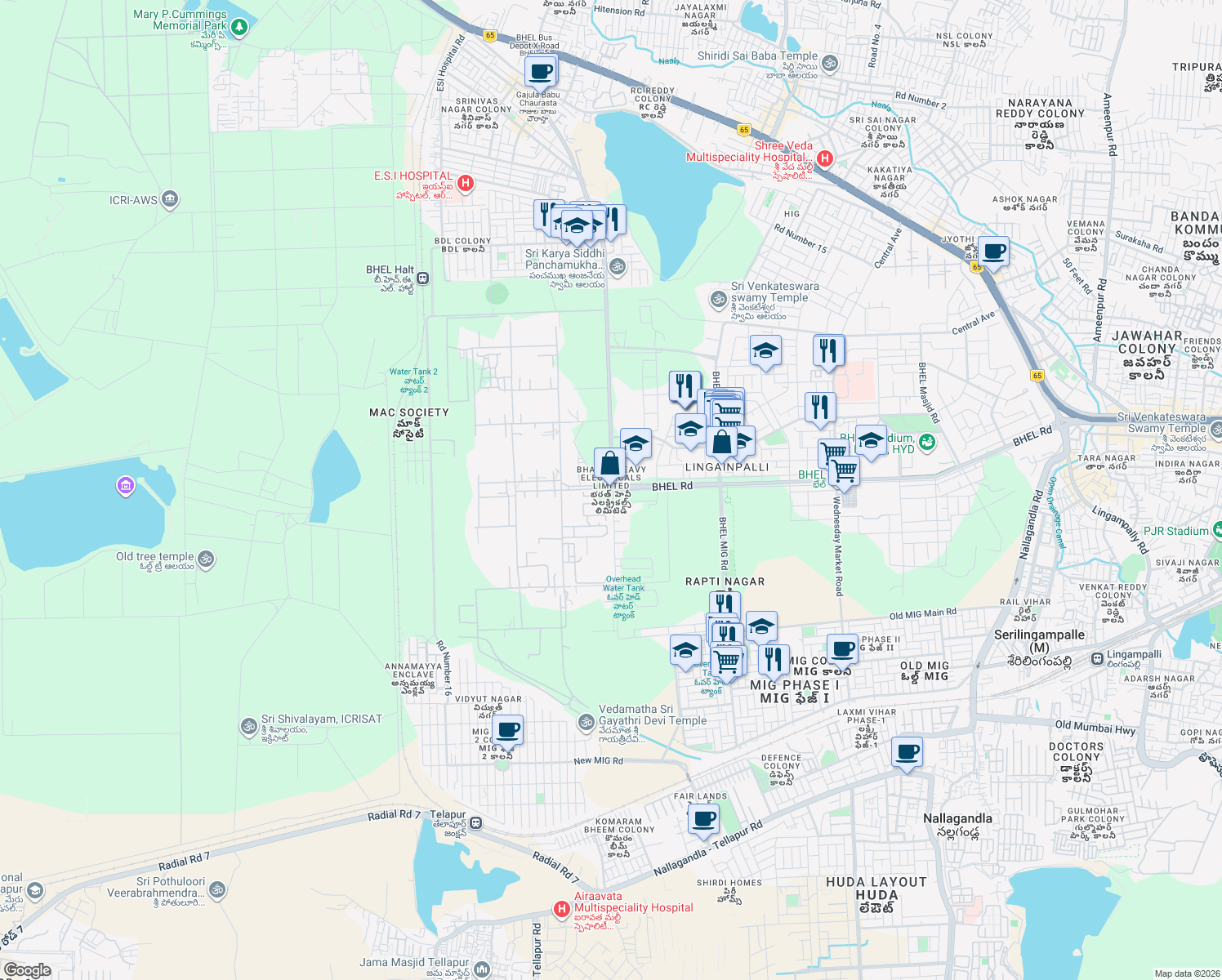 map of restaurants, bars, coffee shops, grocery stores, and more near in Hyderabad