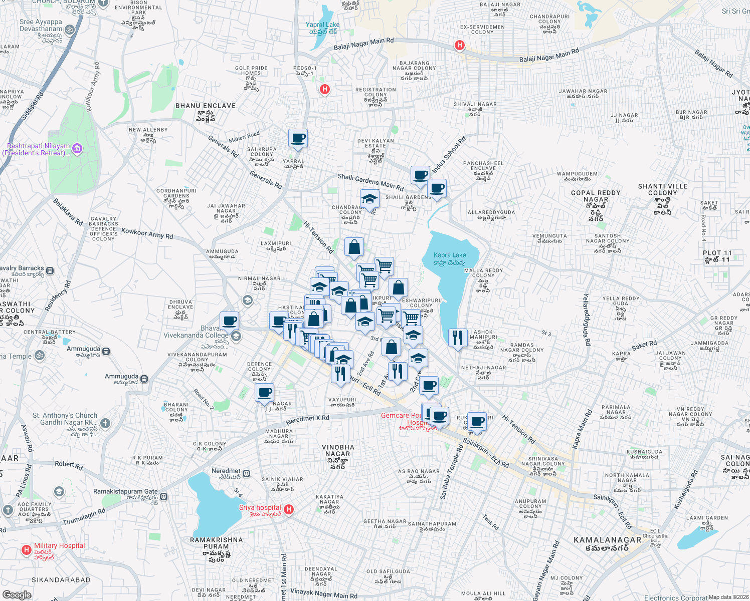 map of restaurants, bars, coffee shops, grocery stores, and more near in Secunderabad
