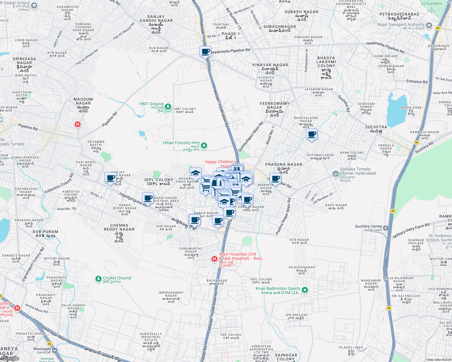 map of restaurants, bars, coffee shops, grocery stores, and more near in Hyderabad