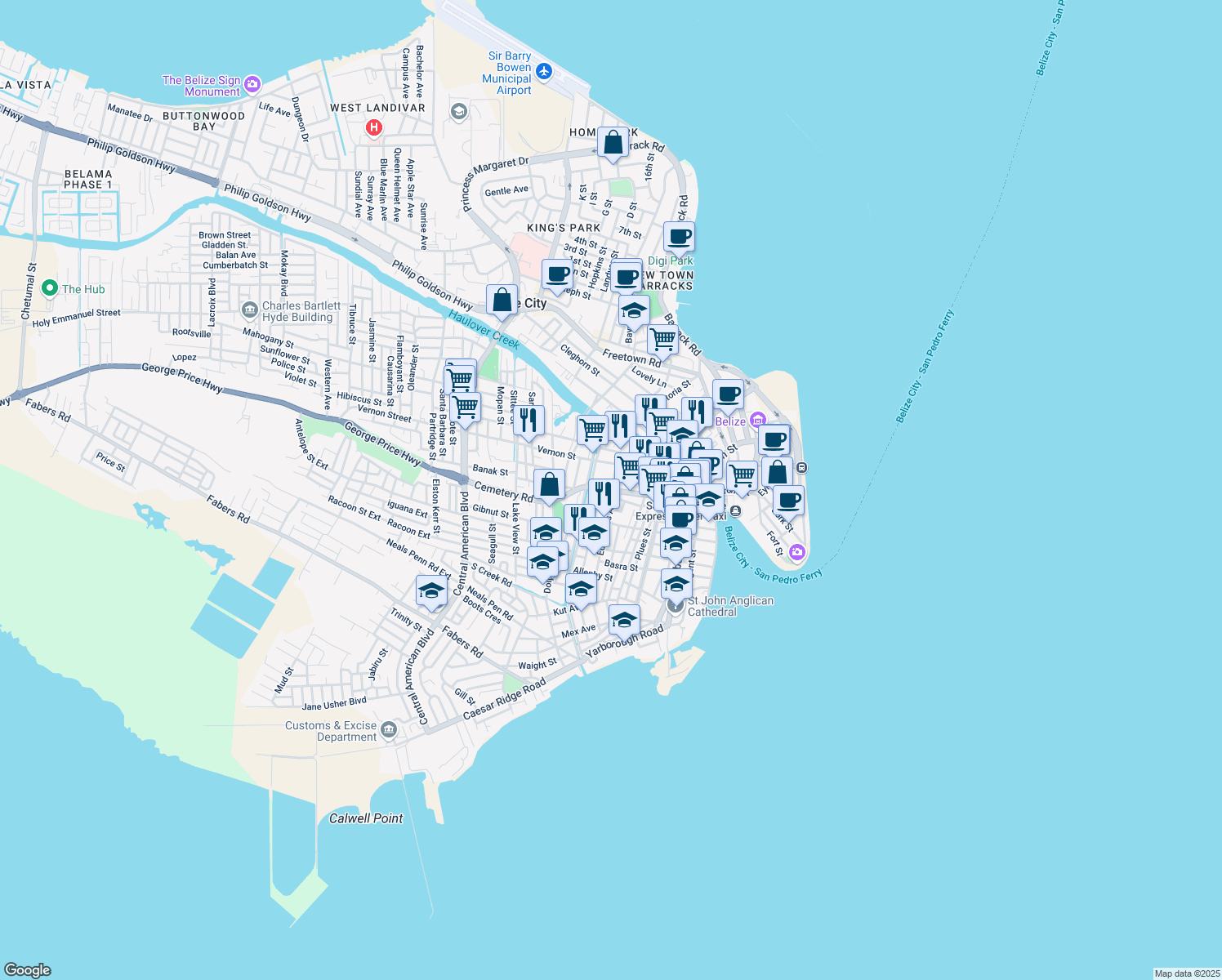 map of restaurants, bars, coffee shops, grocery stores, and more near Orange St in Belize City