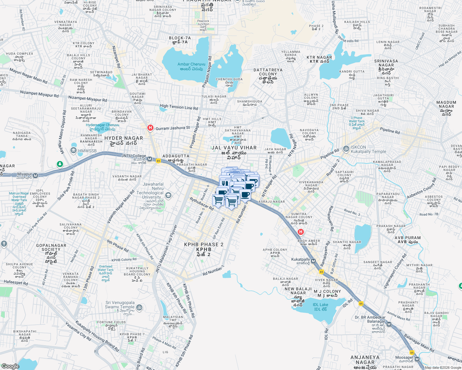 map of restaurants, bars, coffee shops, grocery stores, and more near National Highway 65 in Hyderabad