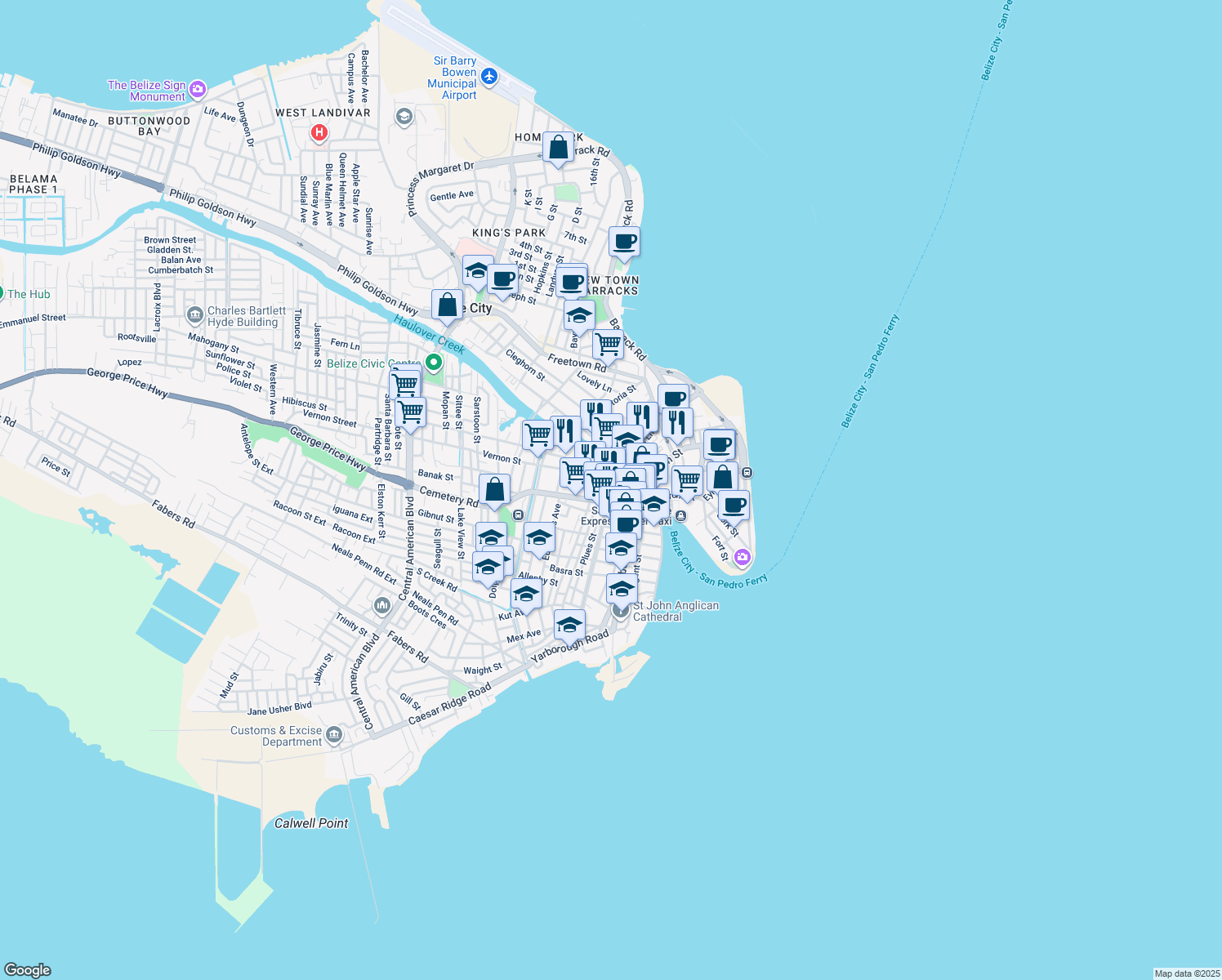 map of restaurants, bars, coffee shops, grocery stores, and more near Water Lane in Belize City