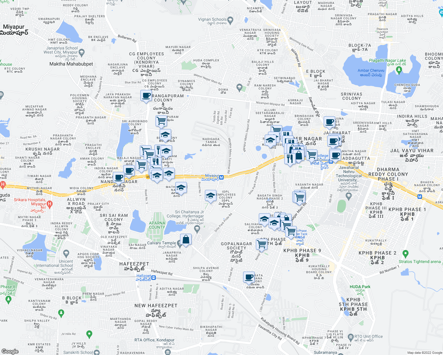 map of restaurants, bars, coffee shops, grocery stores, and more near in Miyapur