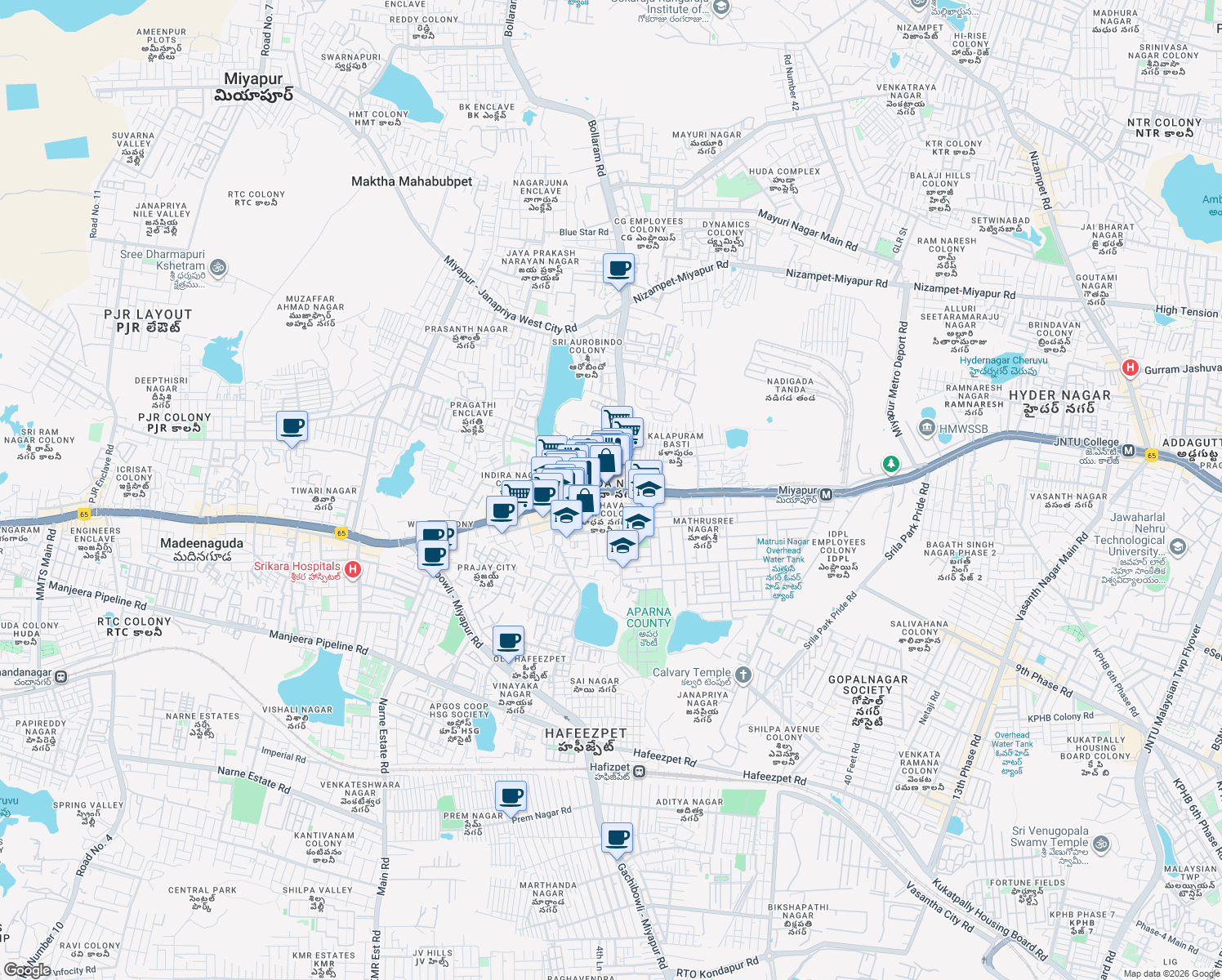 map of restaurants, bars, coffee shops, grocery stores, and more near in Hyderabad