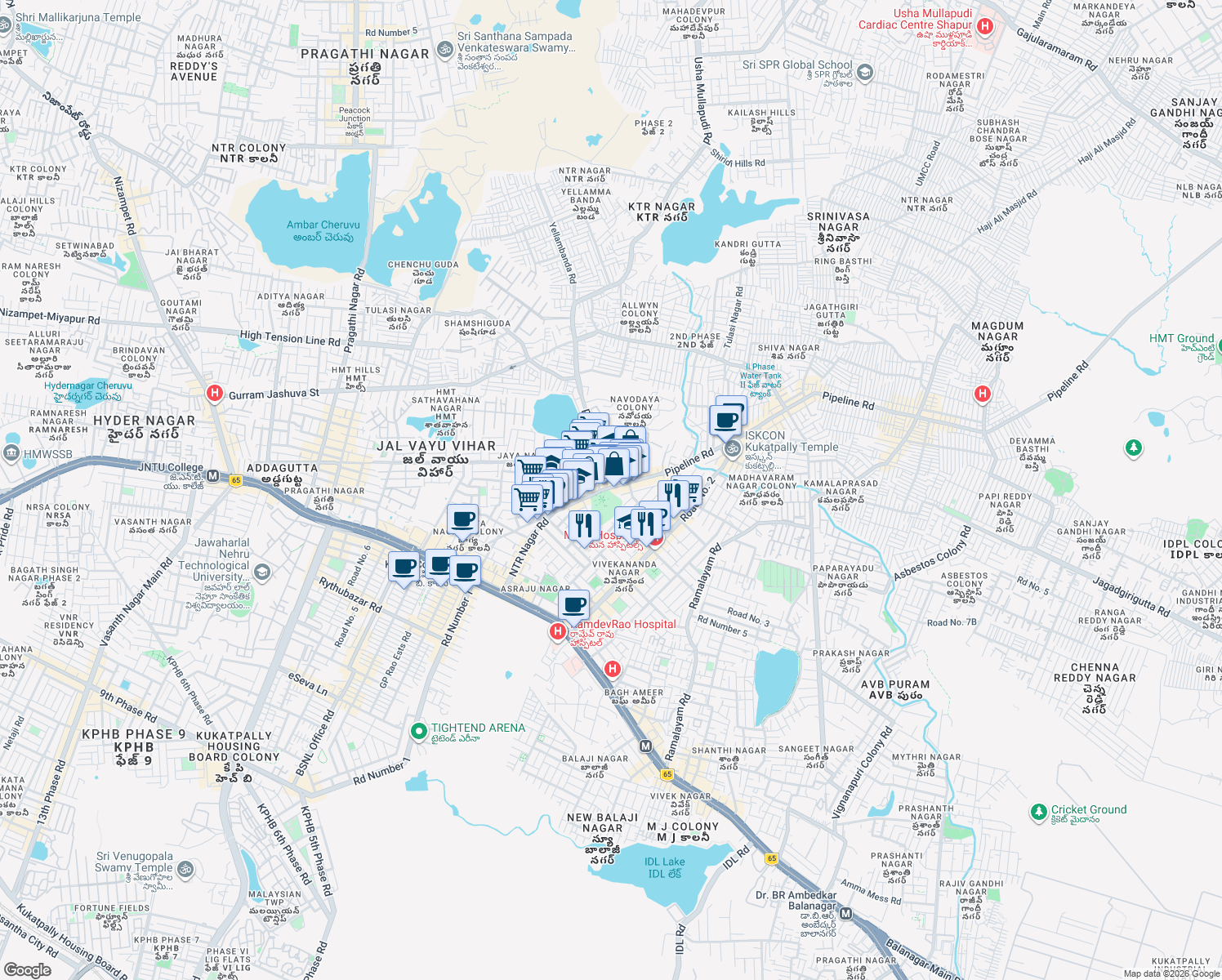 map of restaurants, bars, coffee shops, grocery stores, and more near Allwyn Colony Road in Hyderabad