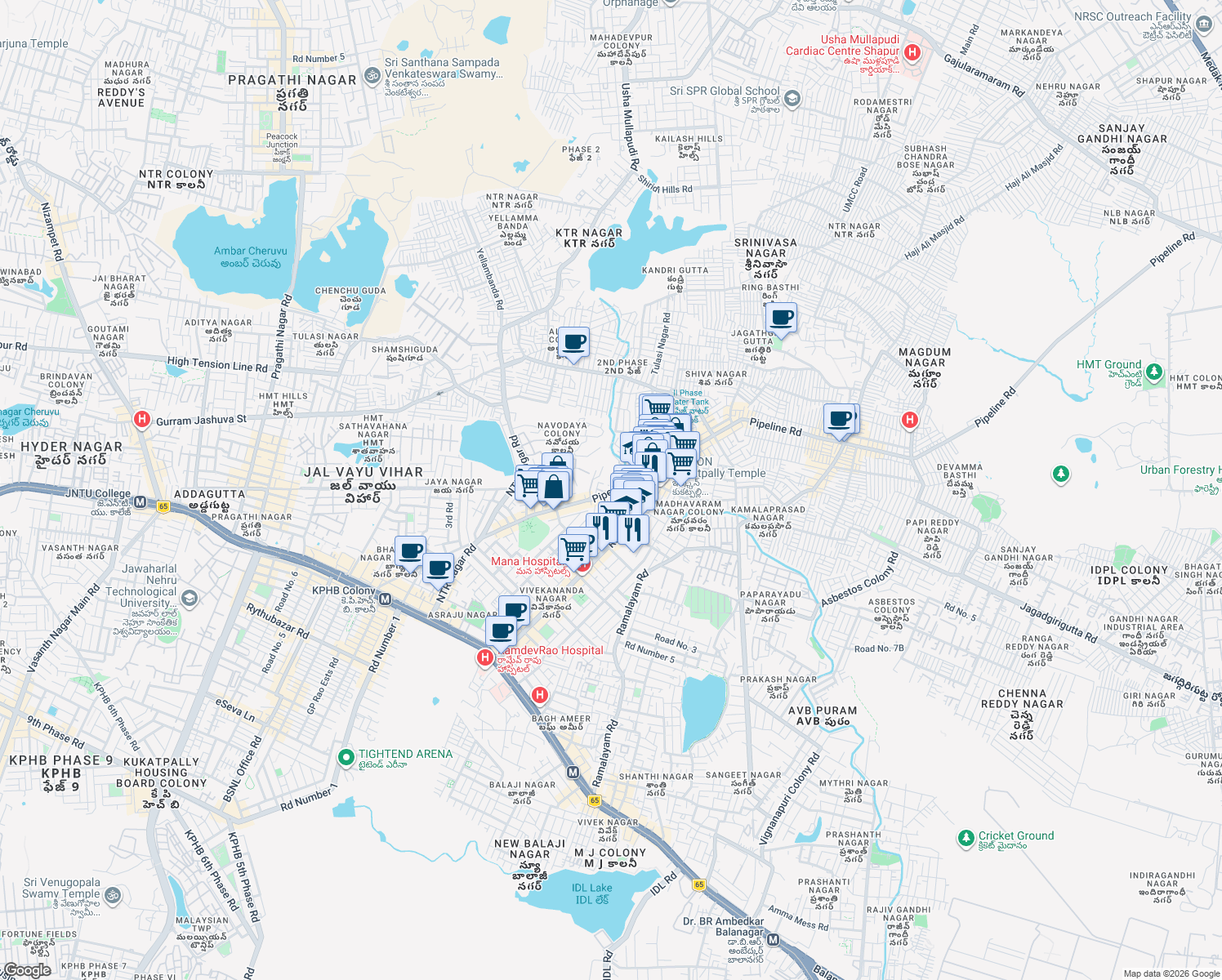 map of restaurants, bars, coffee shops, grocery stores, and more near Allwyn Colony Road in Hyderabad