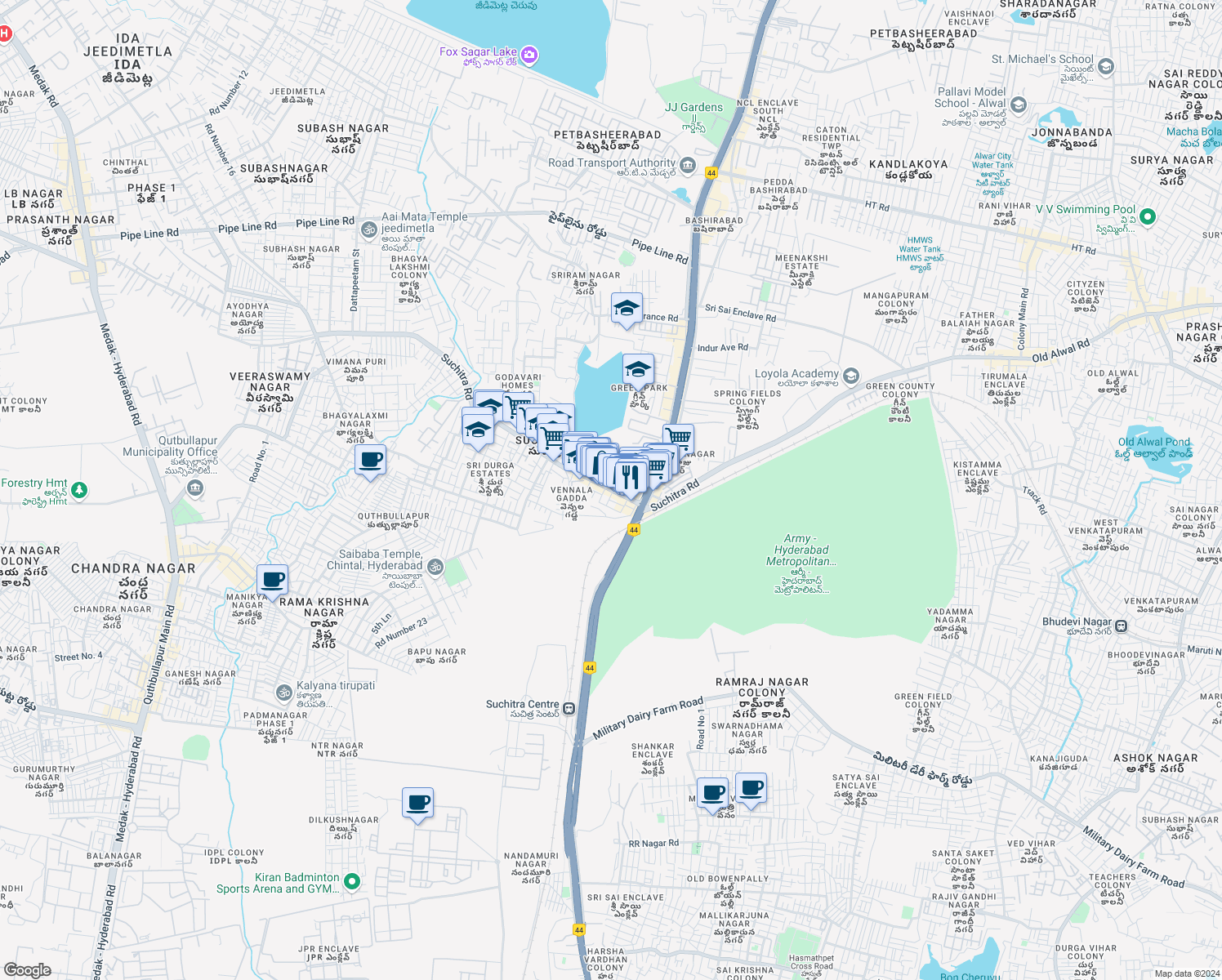 map of restaurants, bars, coffee shops, grocery stores, and more near 62 Quthbullapur Main Road in Hyderabad