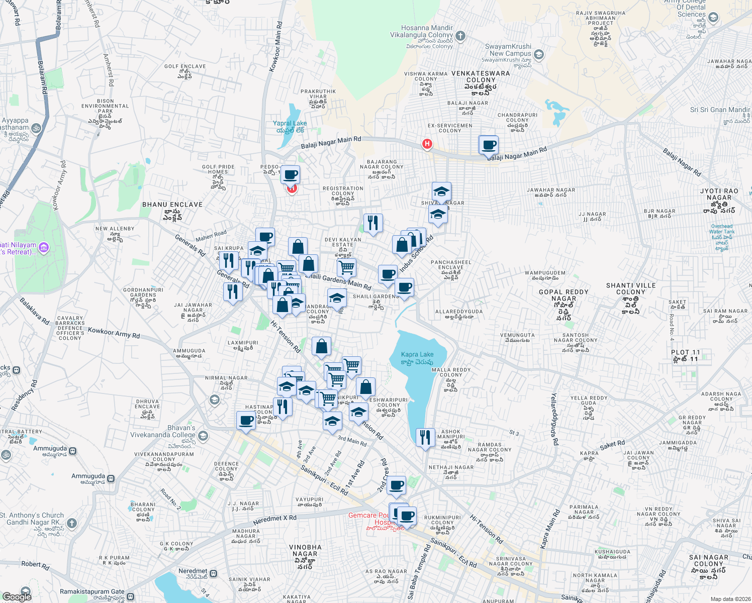 map of restaurants, bars, coffee shops, grocery stores, and more near in Secunderabad