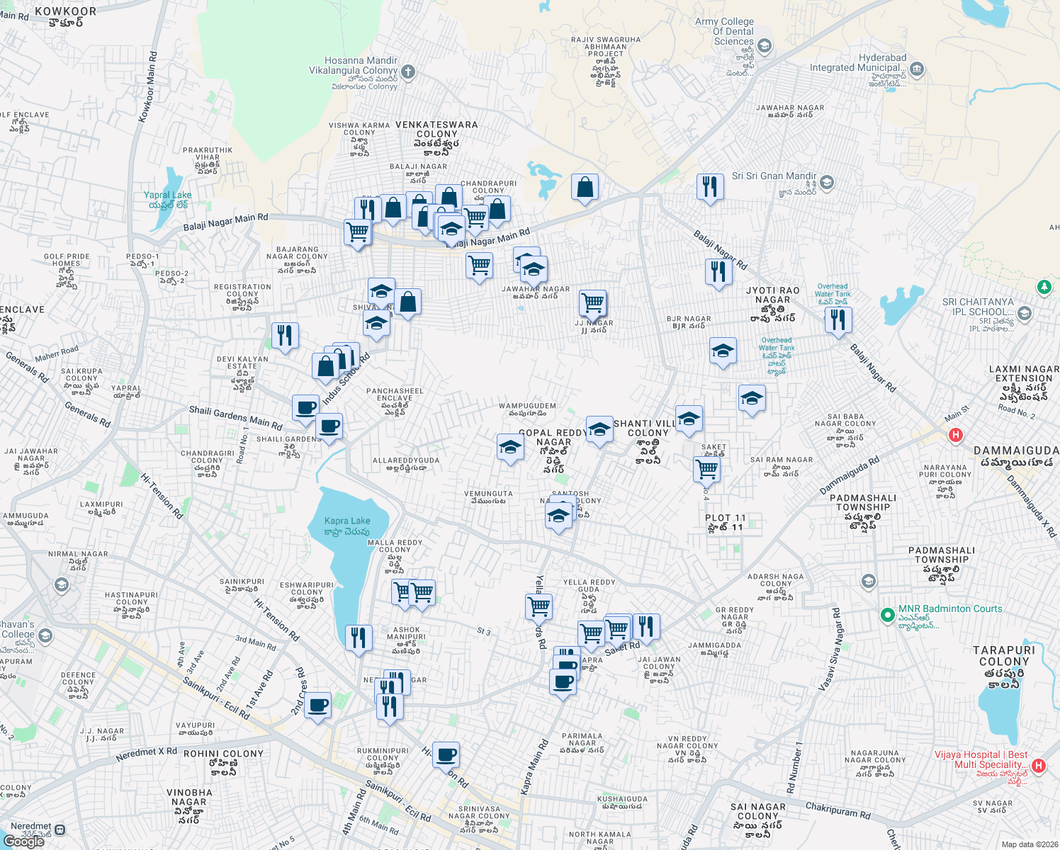 map of restaurants, bars, coffee shops, grocery stores, and more near Unnamed Road in Secunderabad