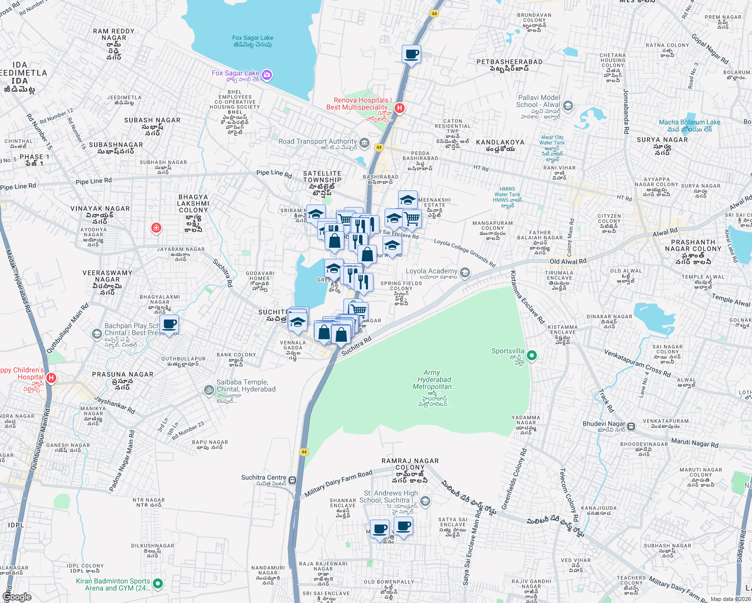 map of restaurants, bars, coffee shops, grocery stores, and more near Medchal Road in Secunderabad