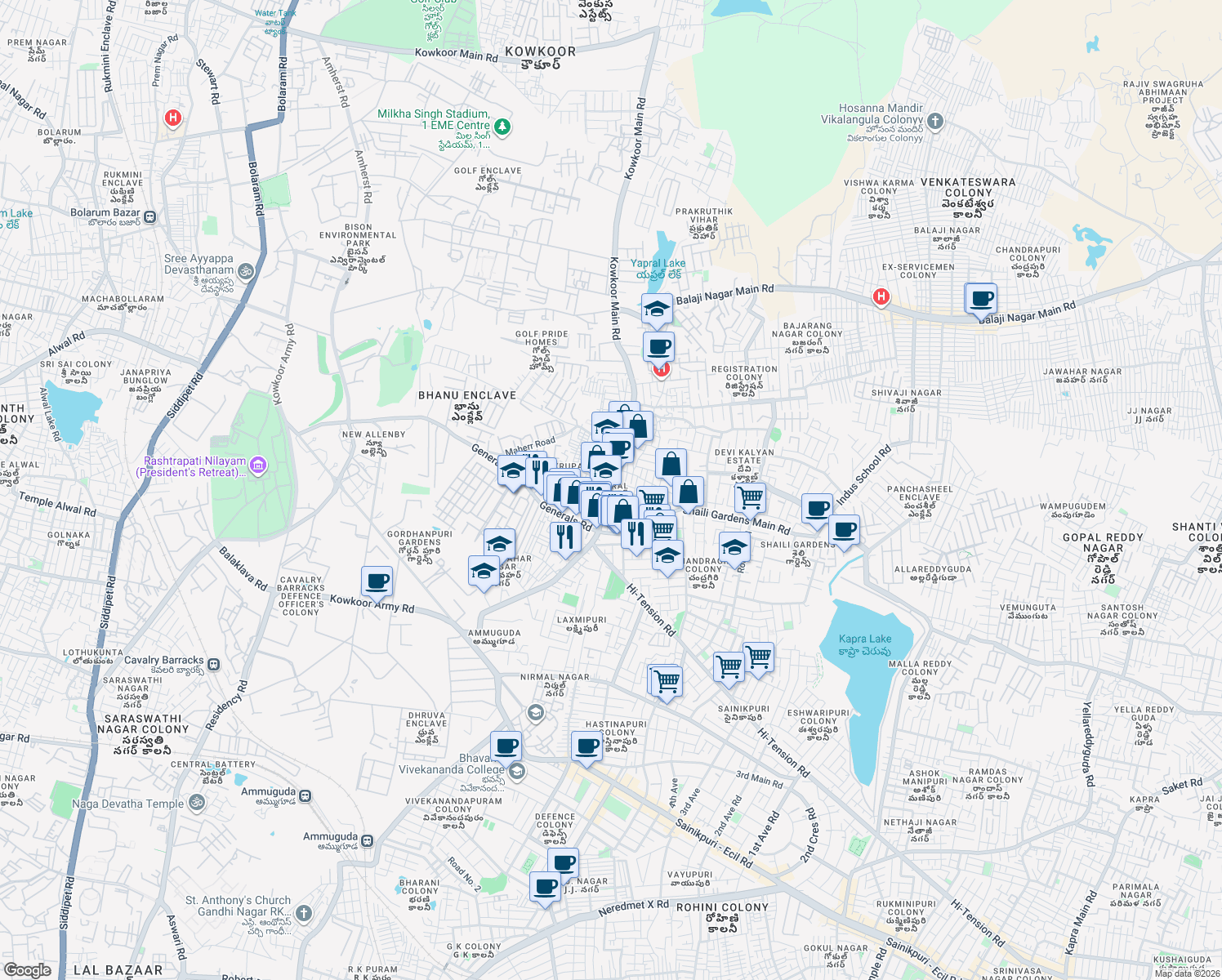 map of restaurants, bars, coffee shops, grocery stores, and more near 180/b Yapral Main Road in Secunderabad