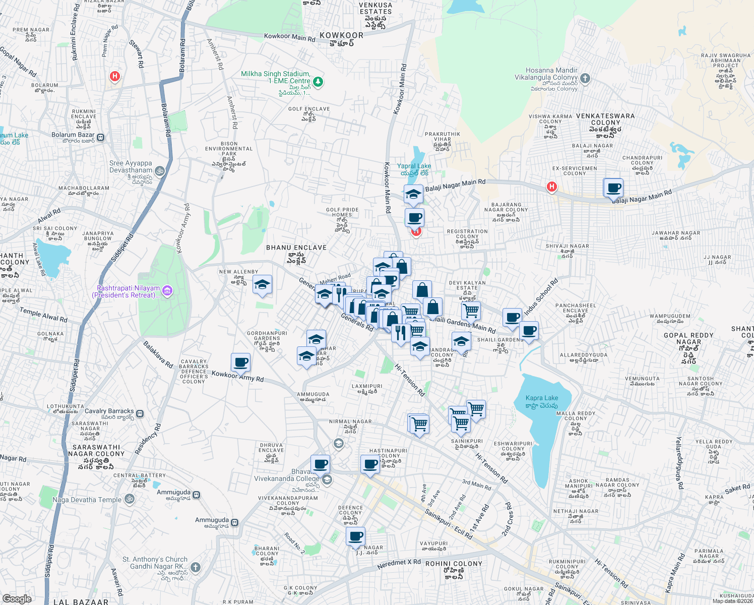 map of restaurants, bars, coffee shops, grocery stores, and more near 180/b Yapral Main Road in Secunderabad
