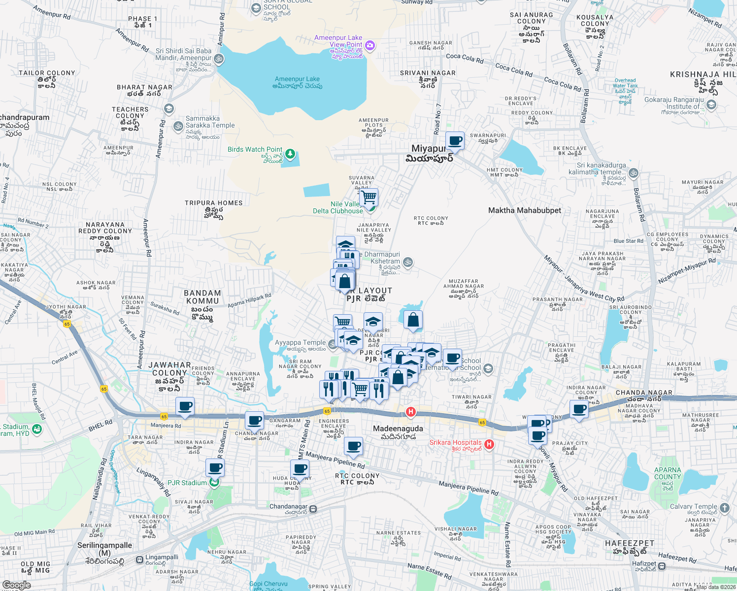 map of restaurants, bars, coffee shops, grocery stores, and more near Madhavapuri Hills in Hyderabad