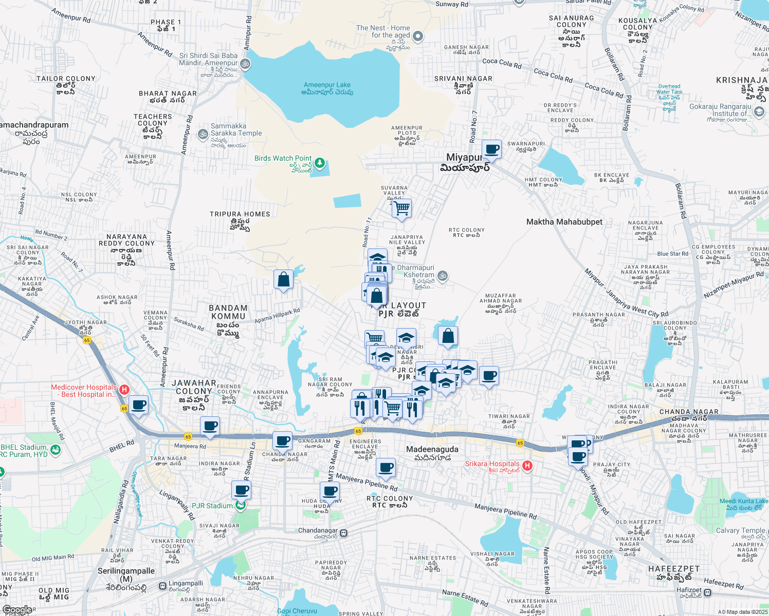 map of restaurants, bars, coffee shops, grocery stores, and more near Madhavapuri Hills in Hyderabad