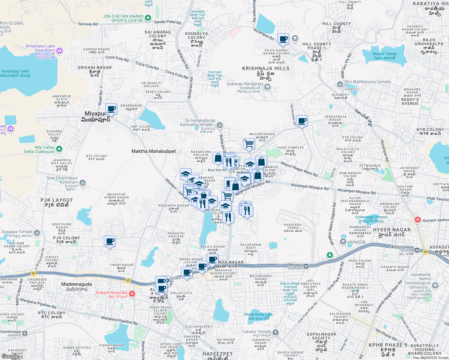 map of restaurants, bars, coffee shops, grocery stores, and more near Bollaram Road in Hyderabad