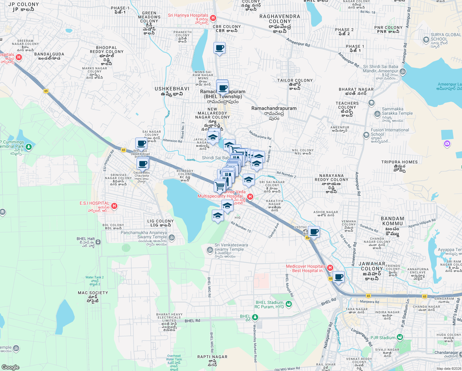 map of restaurants, bars, coffee shops, grocery stores, and more near Beeramguda Kaman Road in Hyderabad