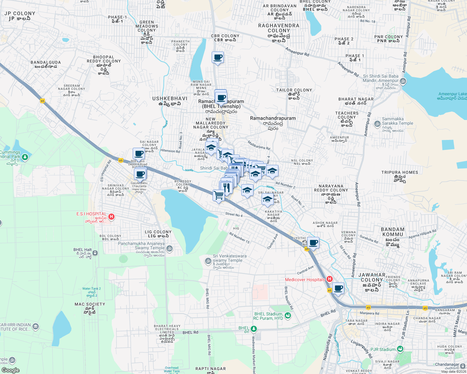 map of restaurants, bars, coffee shops, grocery stores, and more near Beeramguda Kaman Road in Hyderabad