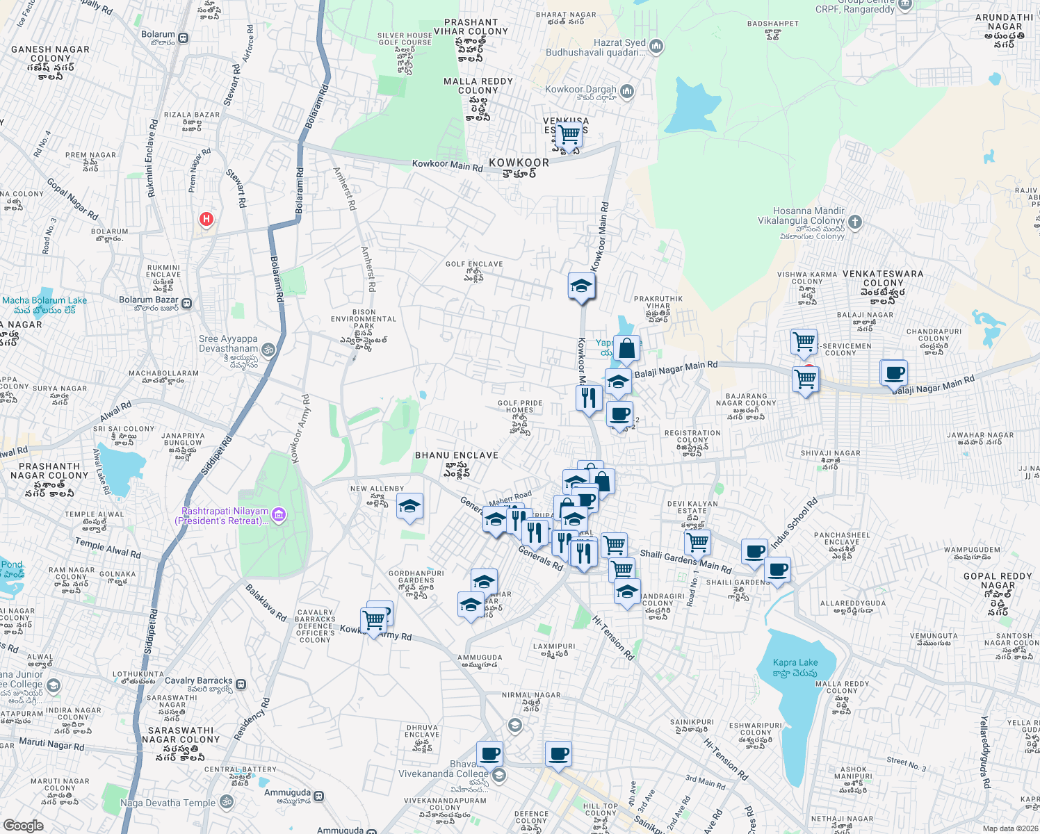 map of restaurants, bars, coffee shops, grocery stores, and more near in Secunderabad