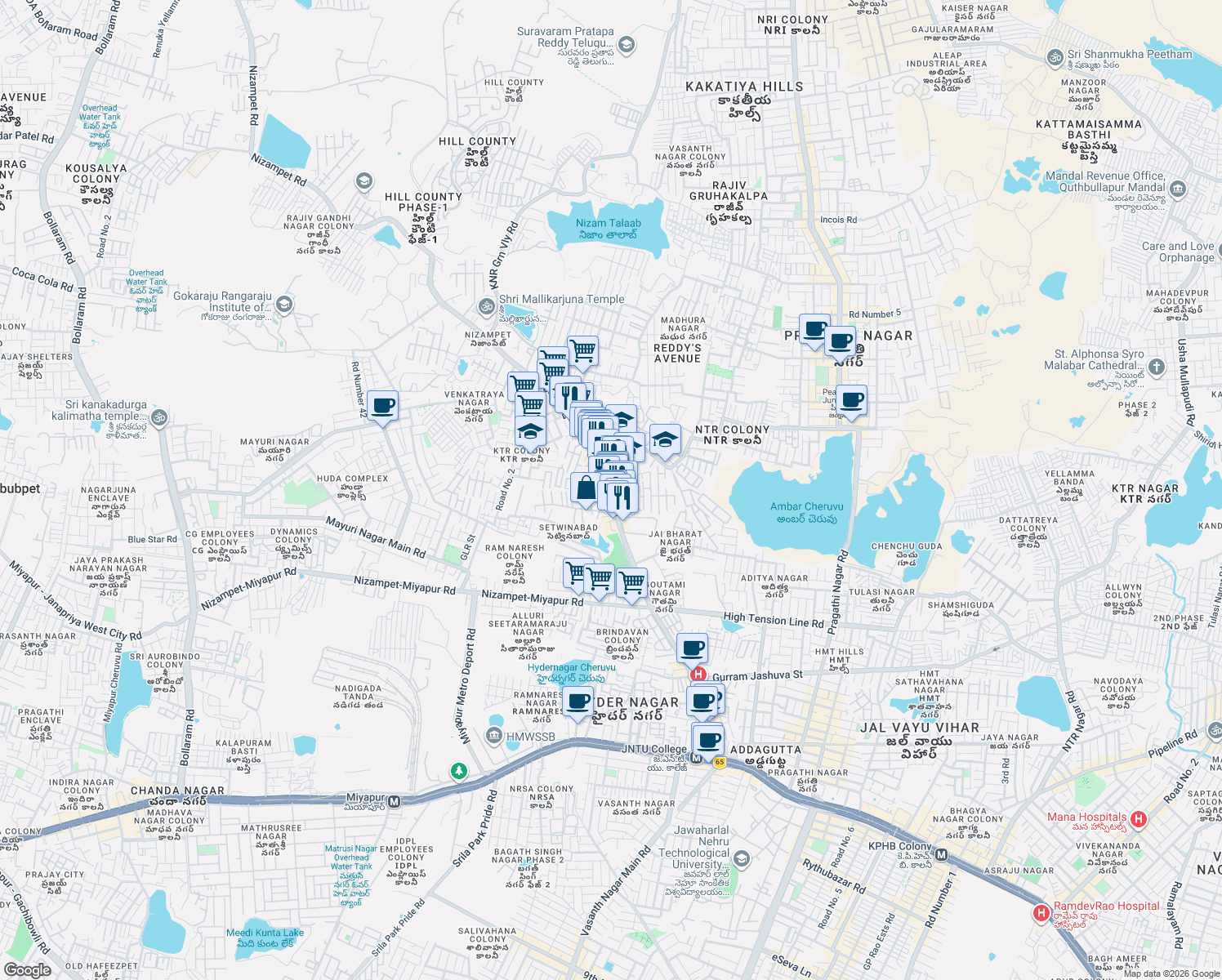 map of restaurants, bars, coffee shops, grocery stores, and more near 3-82 Nizampet Road in Hyderabad