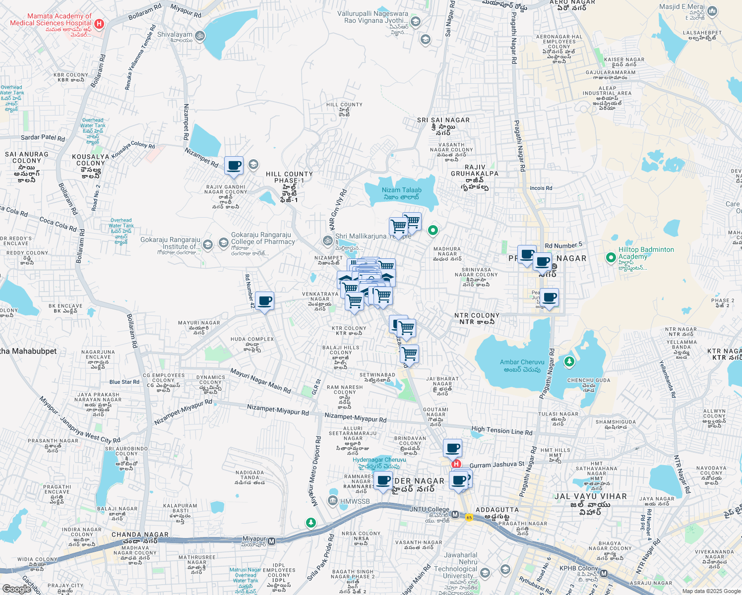 map of restaurants, bars, coffee shops, grocery stores, and more near Nizampet Road in Hyderabad