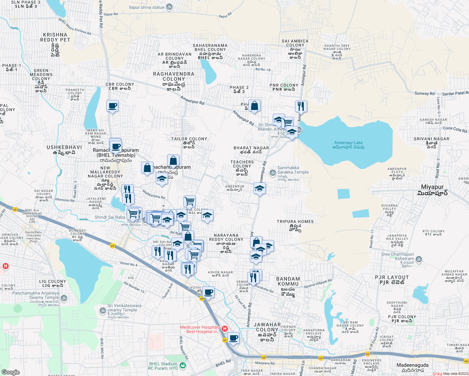 map of restaurants, bars, coffee shops, grocery stores, and more near in Miyapur