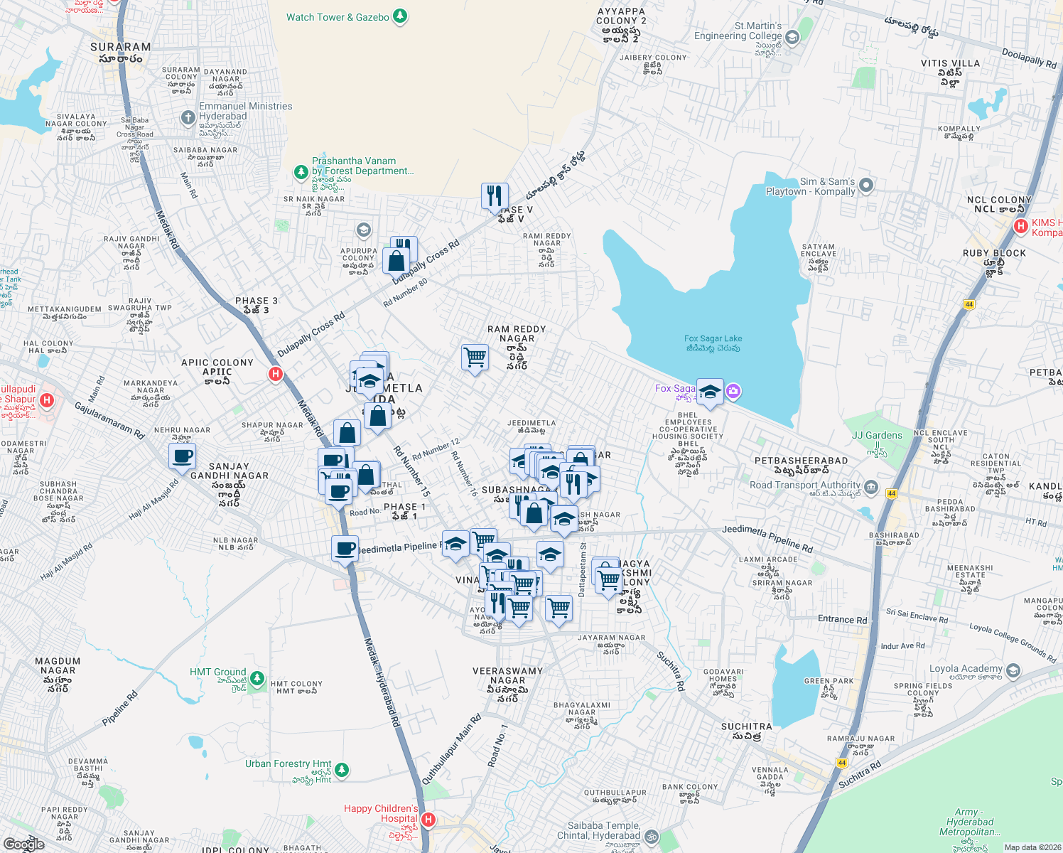 map of restaurants, bars, coffee shops, grocery stores, and more near in Hyderabad