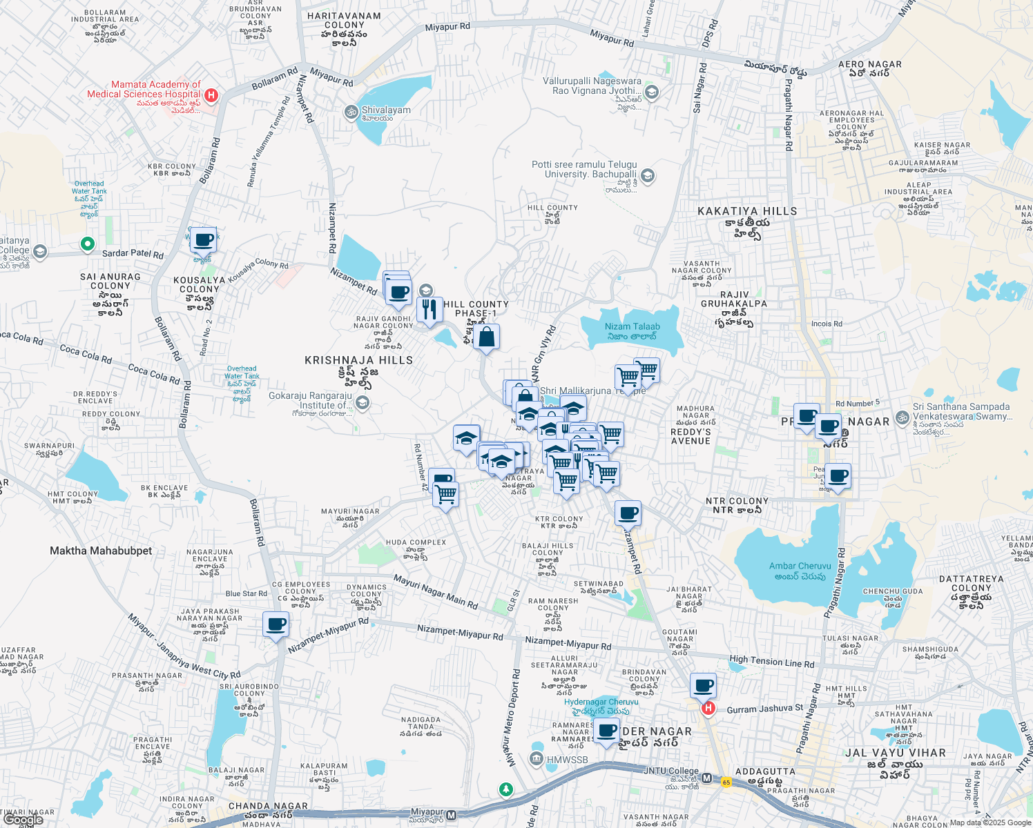 map of restaurants, bars, coffee shops, grocery stores, and more near Nizampet Road in Hyderabad