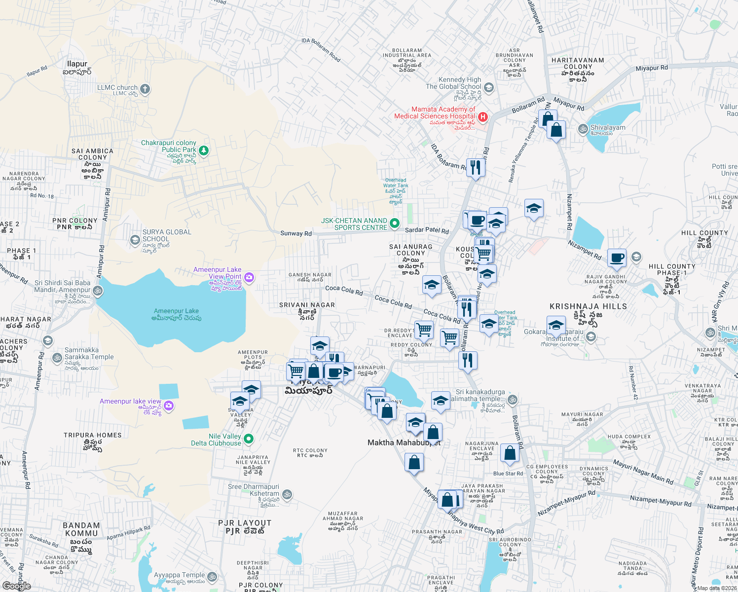 map of restaurants, bars, coffee shops, grocery stores, and more near in Hyderabad