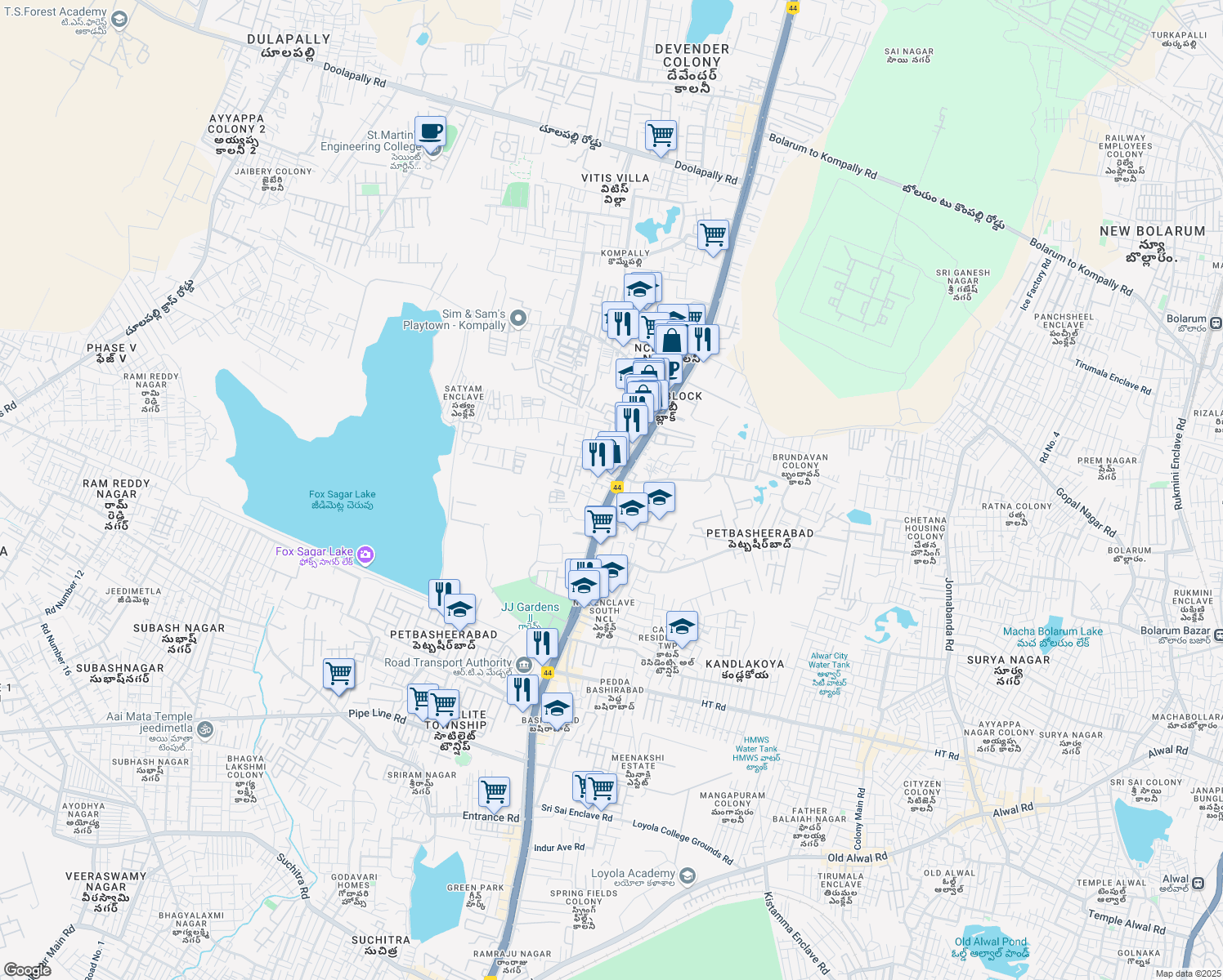 map of restaurants, bars, coffee shops, grocery stores, and more near Medchal Road in Secunderabad