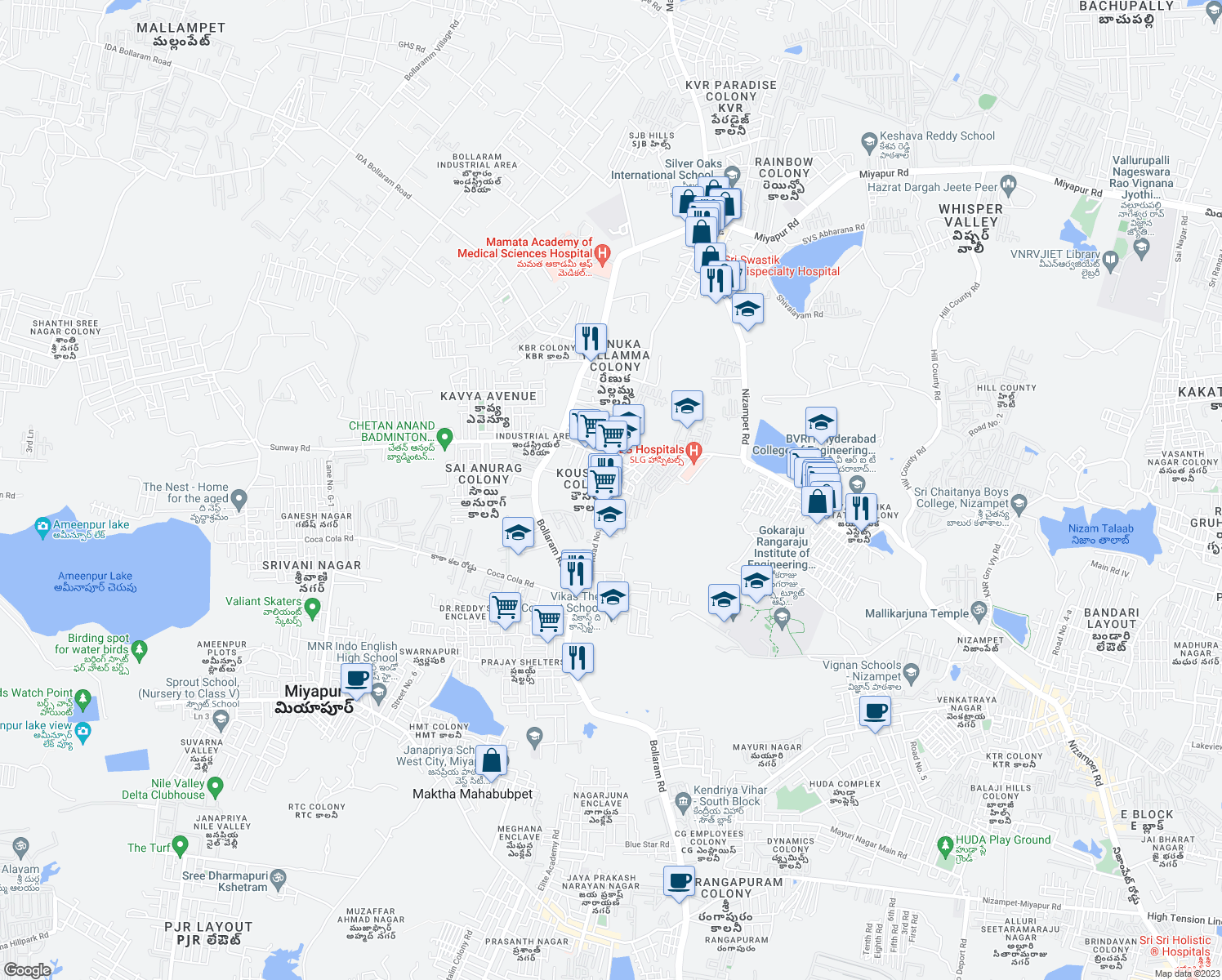 map of restaurants, bars, coffee shops, grocery stores, and more near Bollaram Rd in Hyderabad
