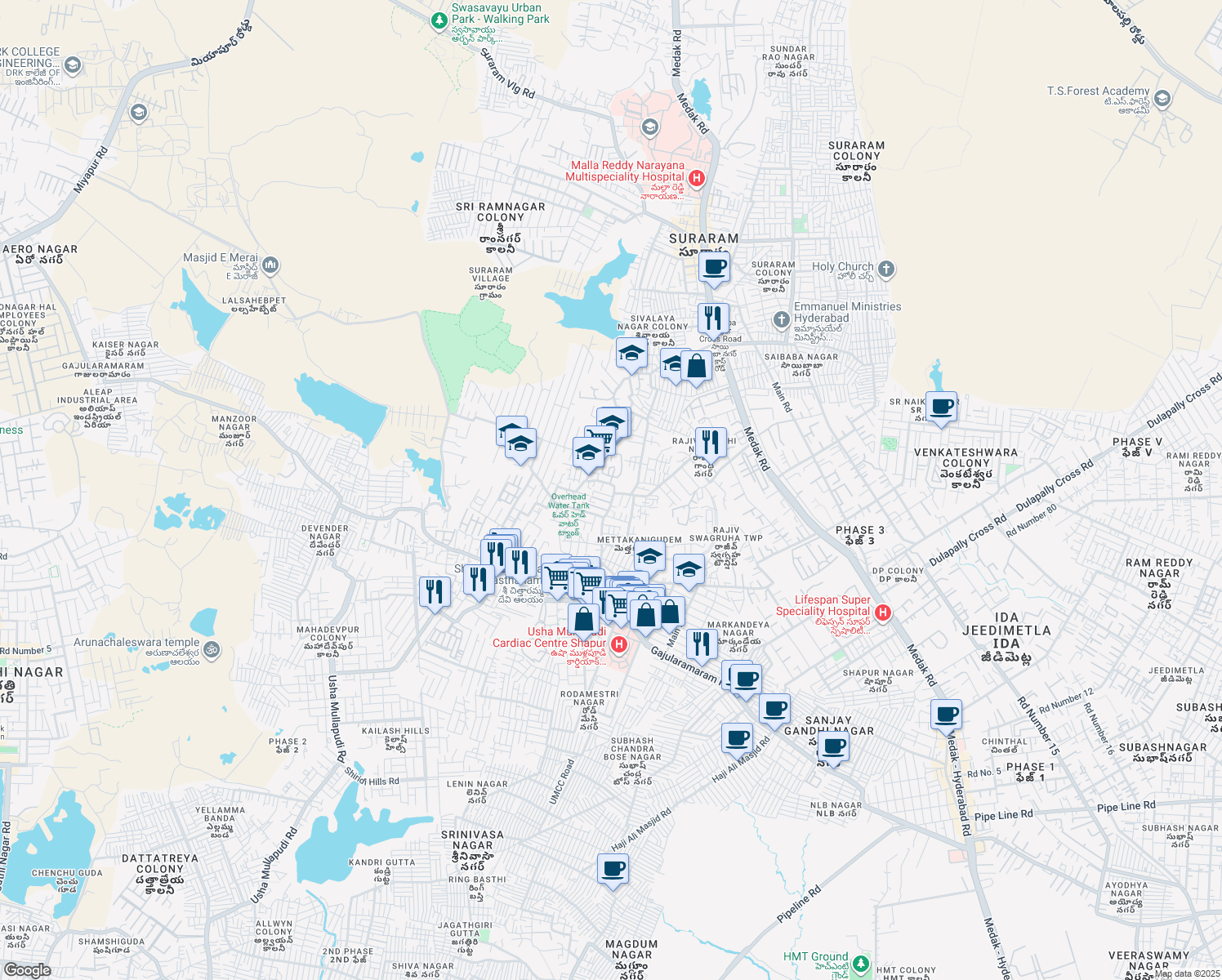 map of restaurants, bars, coffee shops, grocery stores, and more near in Hyderabad