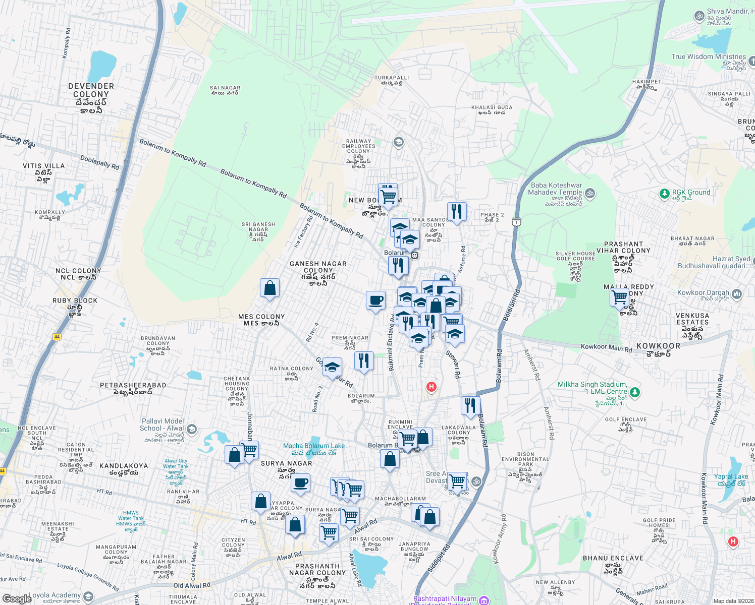 map of restaurants, bars, coffee shops, grocery stores, and more near Macha Bollaram Road in Secunderabad
