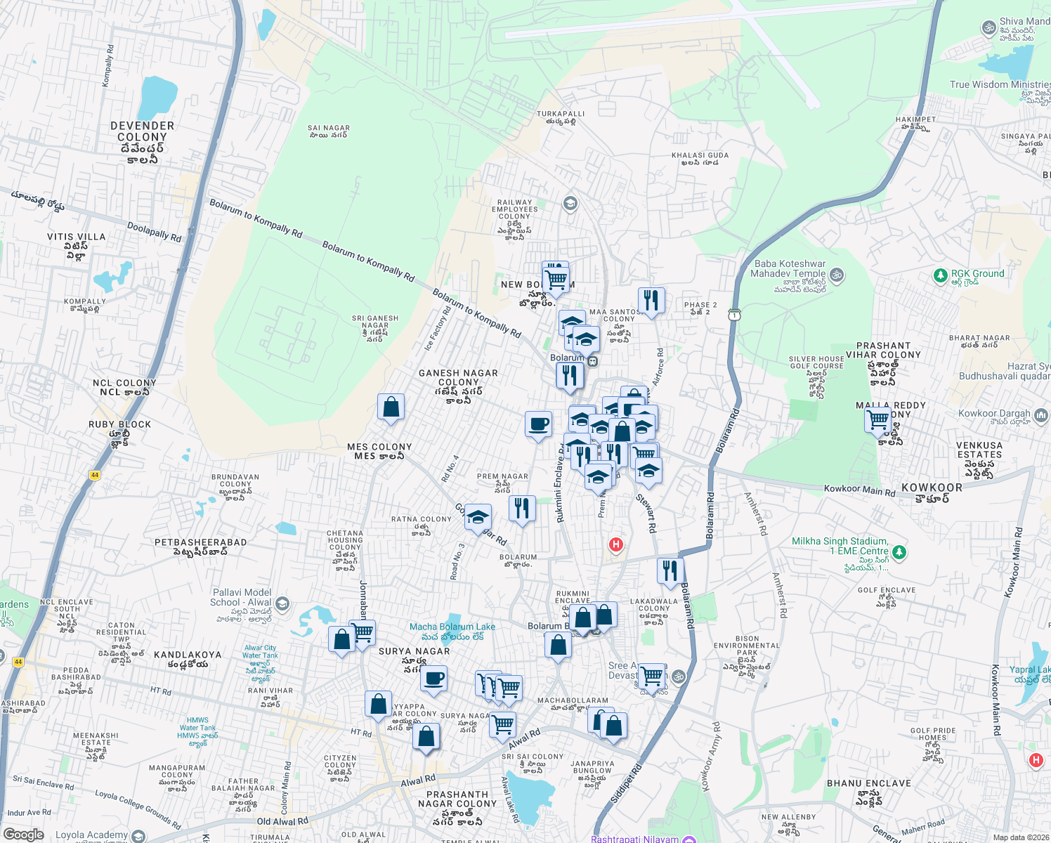 map of restaurants, bars, coffee shops, grocery stores, and more near Macha Bollaram Road in Secunderabad