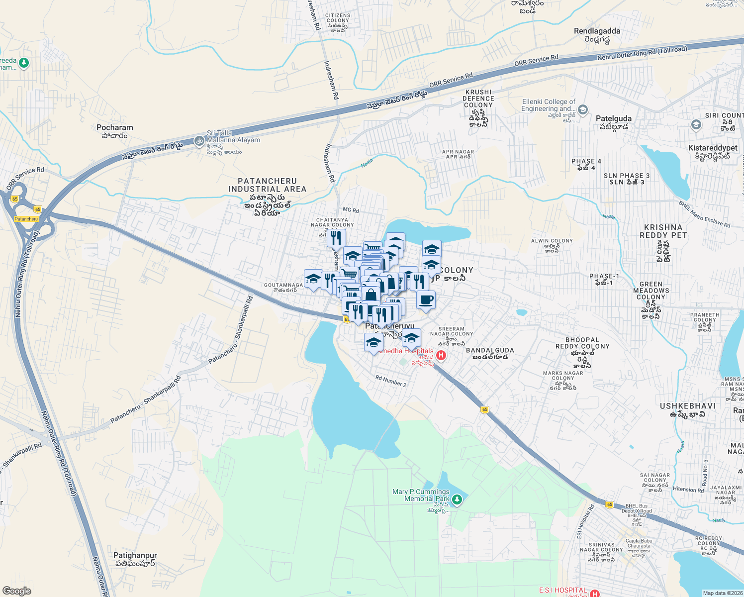 map of restaurants, bars, coffee shops, grocery stores, and more near 5-18/2 MG Road in Hyderabad