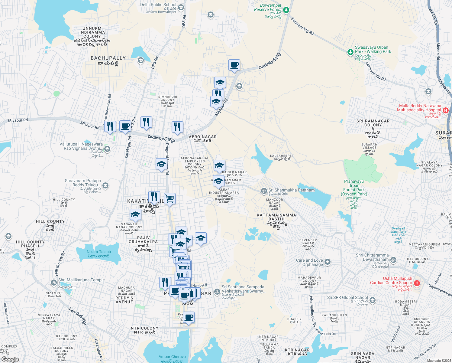map of restaurants, bars, coffee shops, grocery stores, and more near in Hyderabad