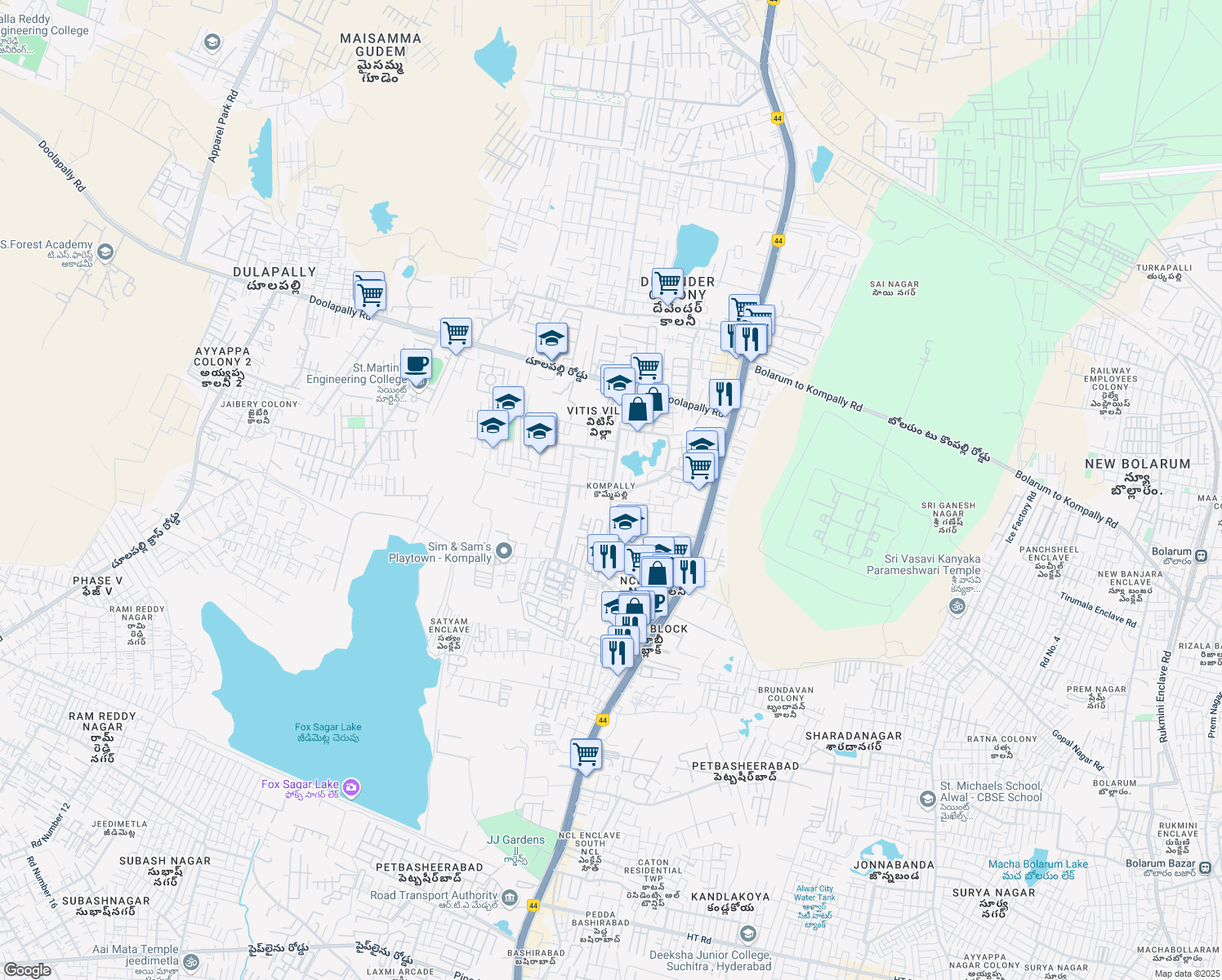 map of restaurants, bars, coffee shops, grocery stores, and more near in Hyderabad