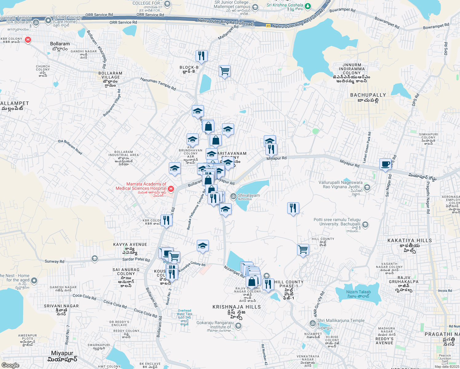 map of restaurants, bars, coffee shops, grocery stores, and more near Medak Road in Hyderabad
