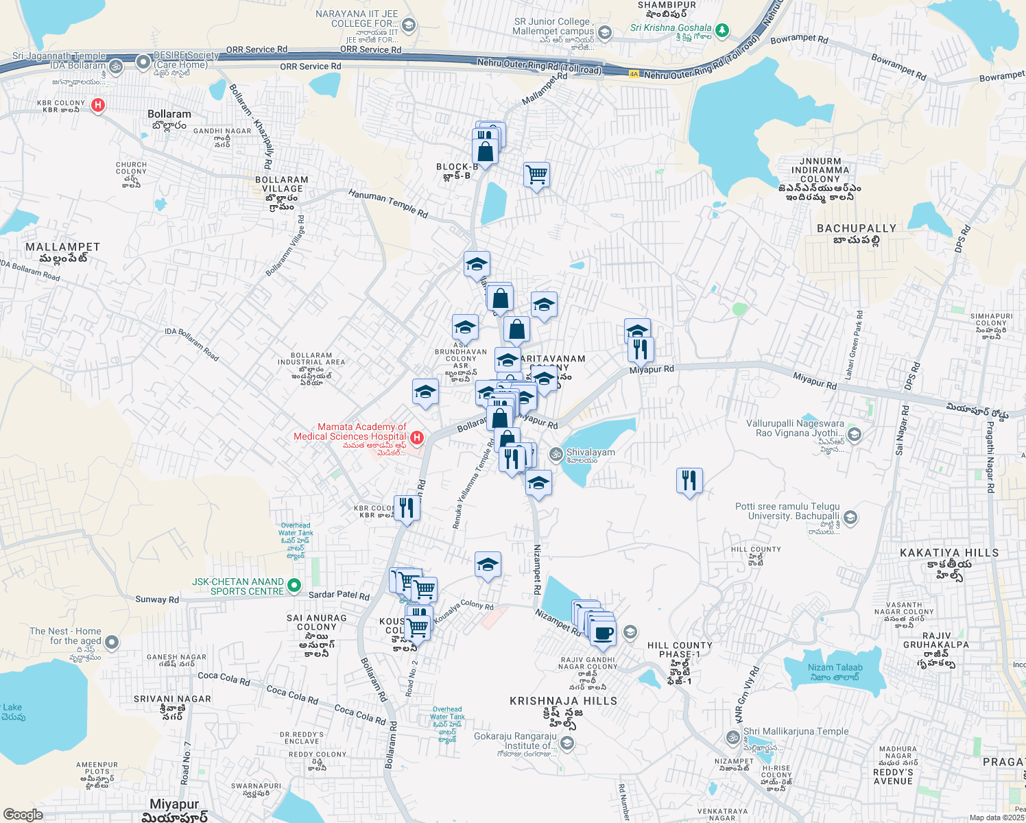 map of restaurants, bars, coffee shops, grocery stores, and more near Nizampet Road in Hyderabad