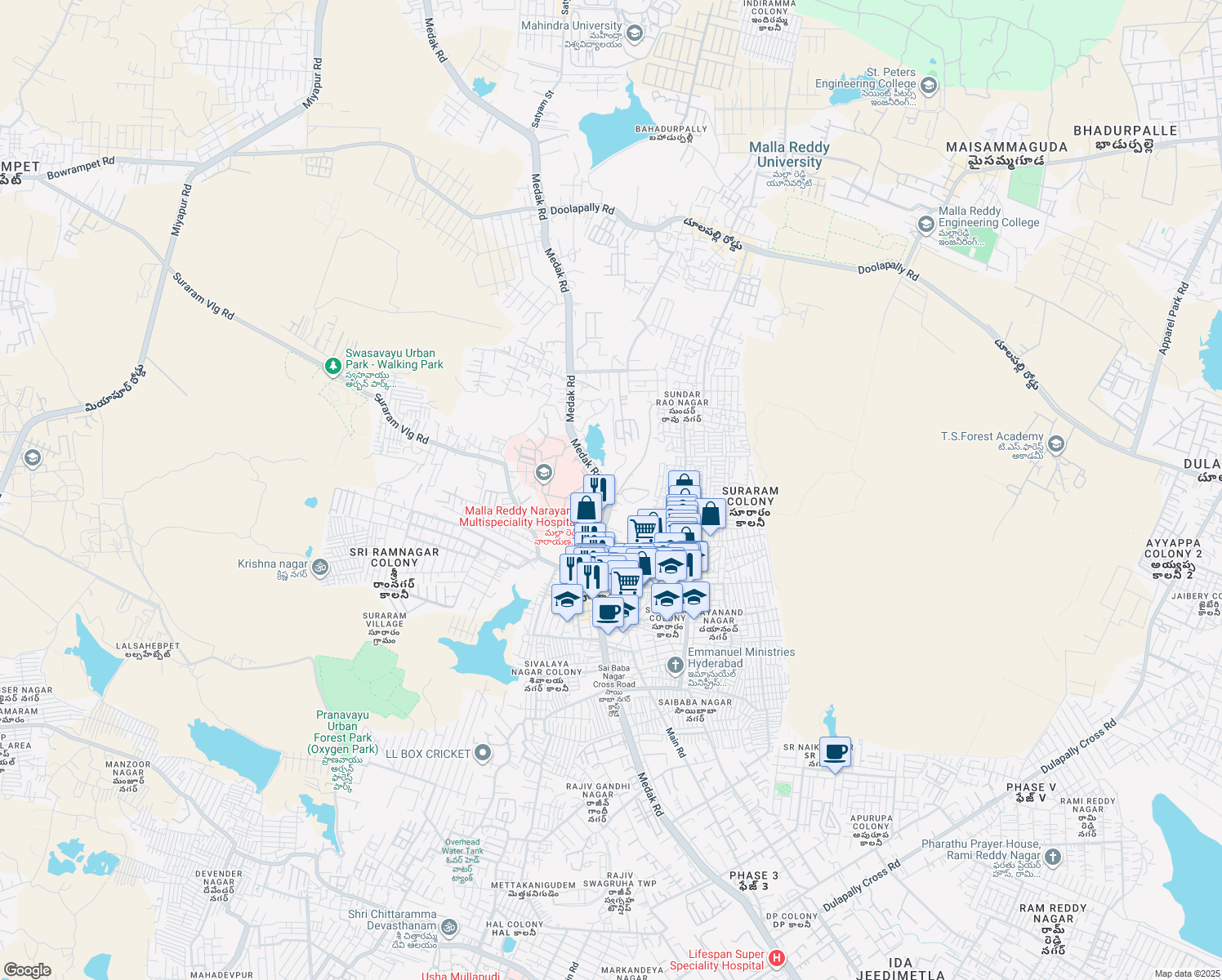 map of restaurants, bars, coffee shops, grocery stores, and more near Medak Rd in Hyderabad
