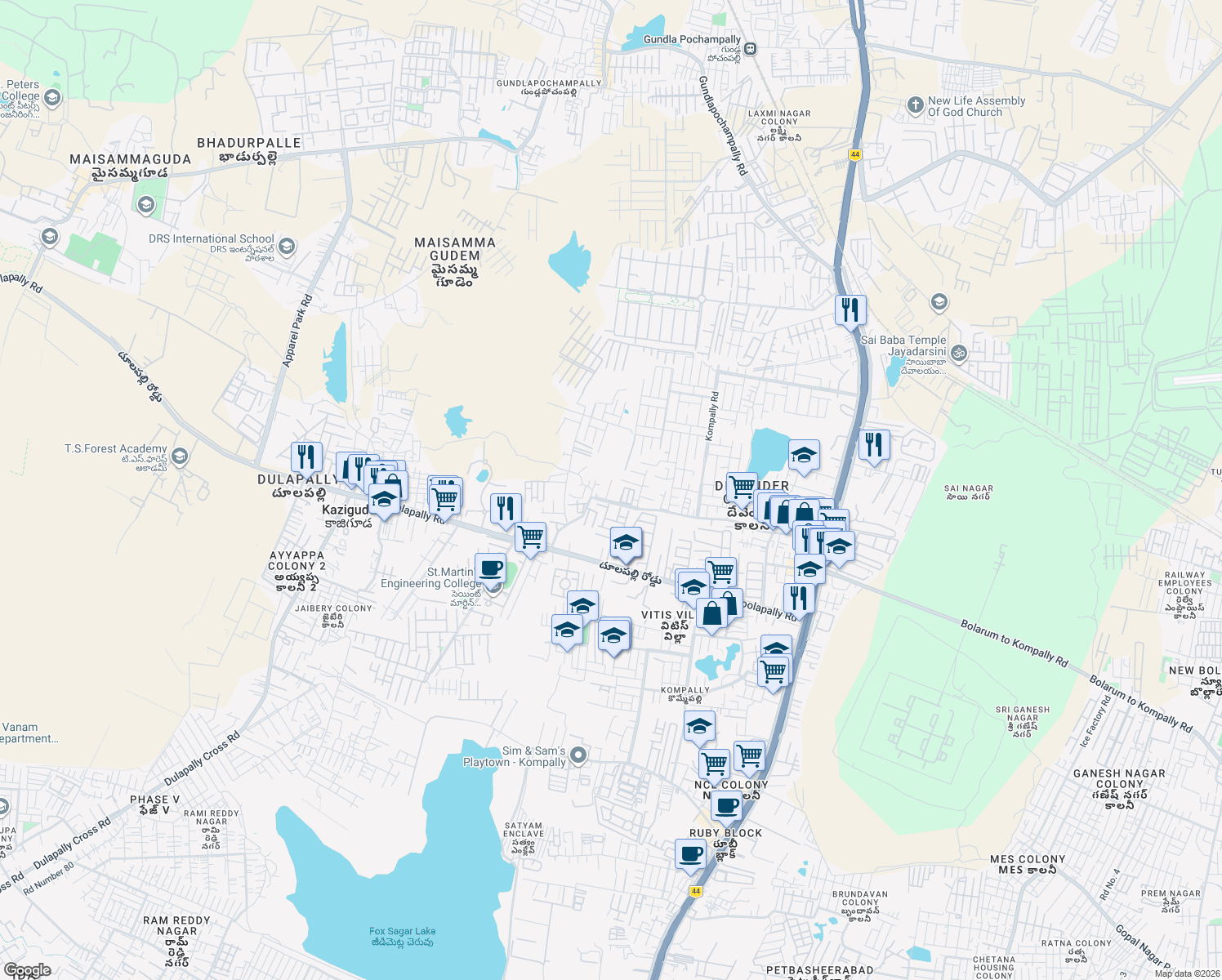 map of restaurants, bars, coffee shops, grocery stores, and more near Unnamed Road in Hyderabad