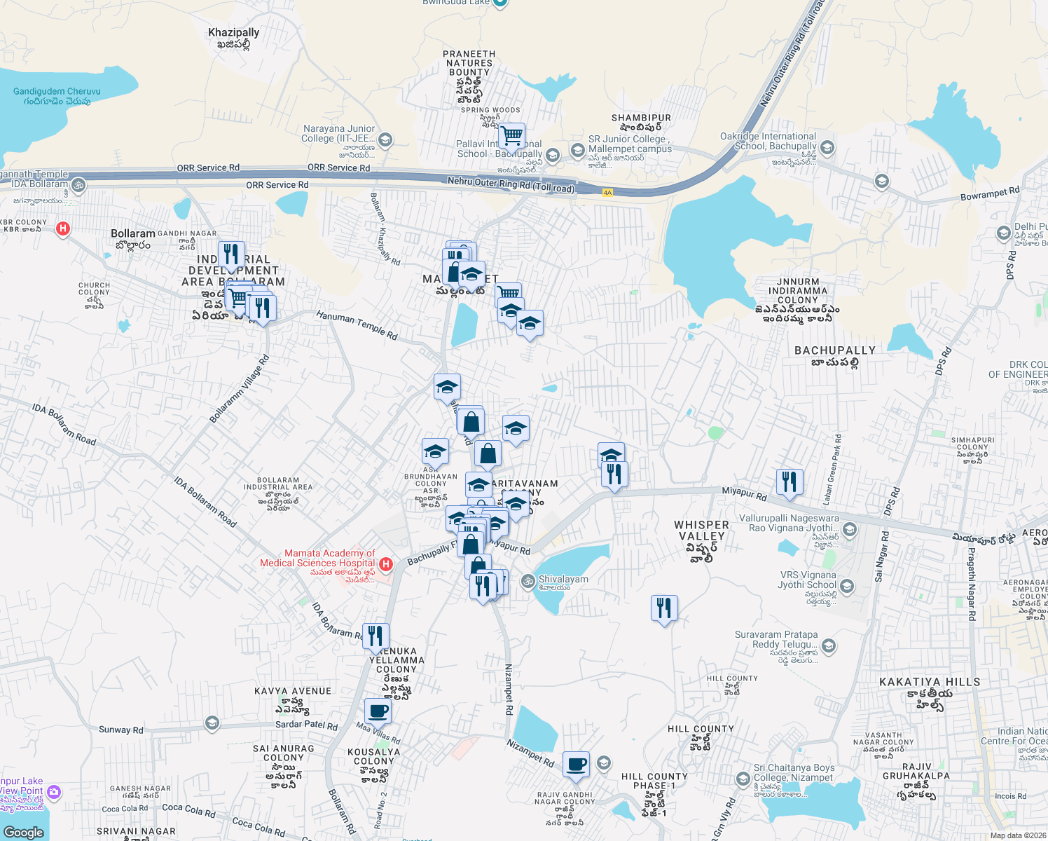 map of restaurants, bars, coffee shops, grocery stores, and more near 135 KVR Paradise Colony Road in Hyderabad