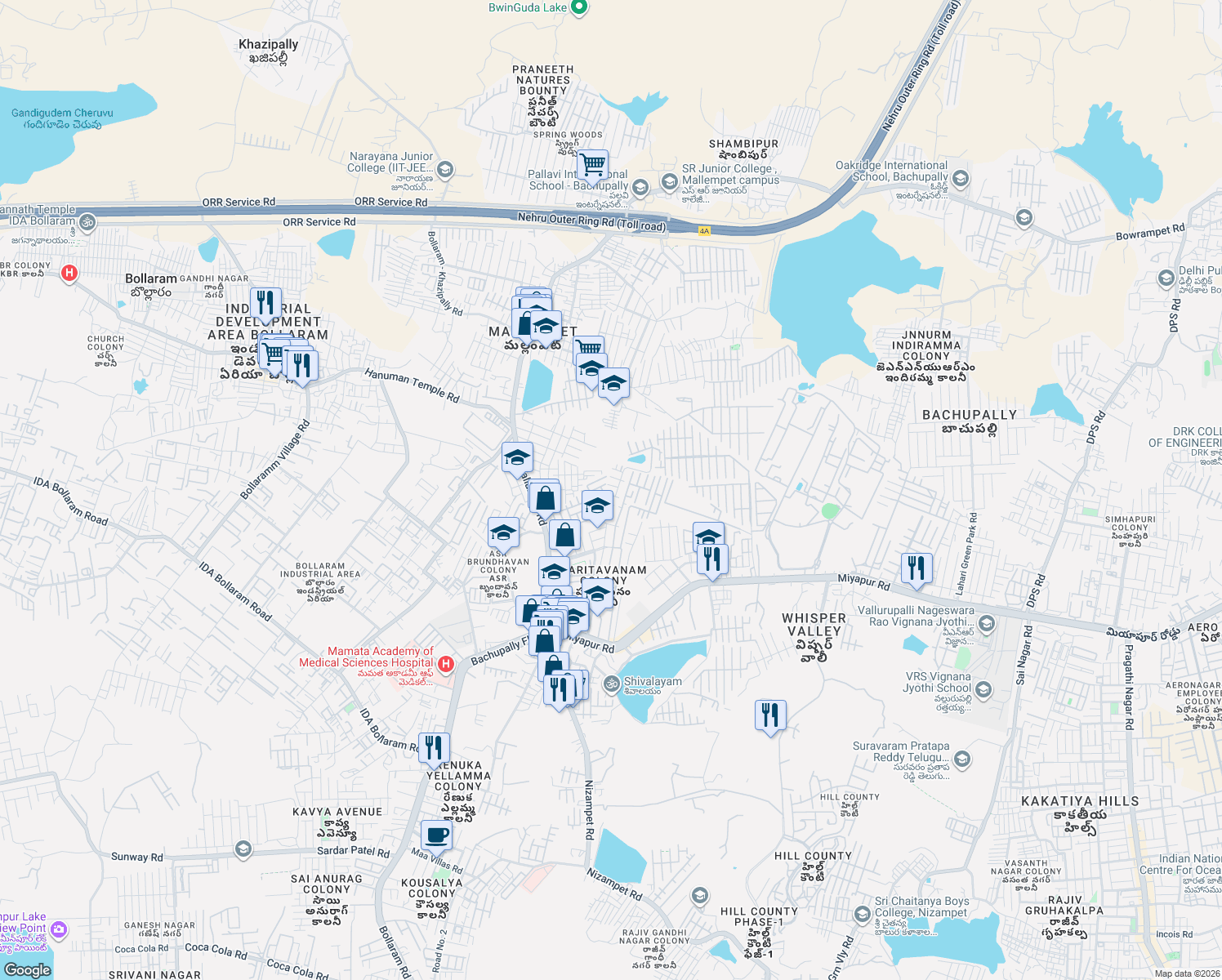 map of restaurants, bars, coffee shops, grocery stores, and more near 135 KVR Paradise Colony Road in Hyderabad