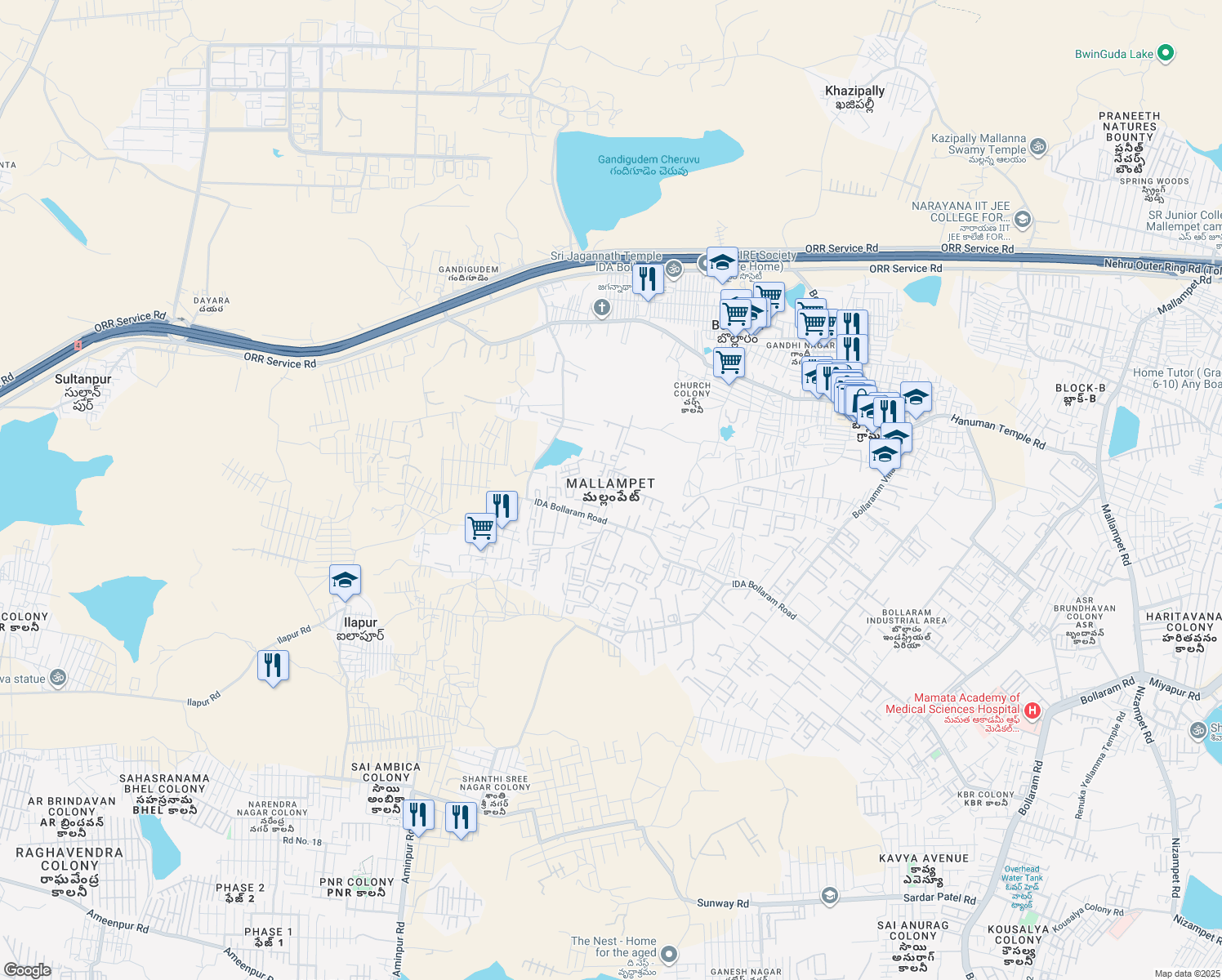 map of restaurants, bars, coffee shops, grocery stores, and more near in Hyderabad