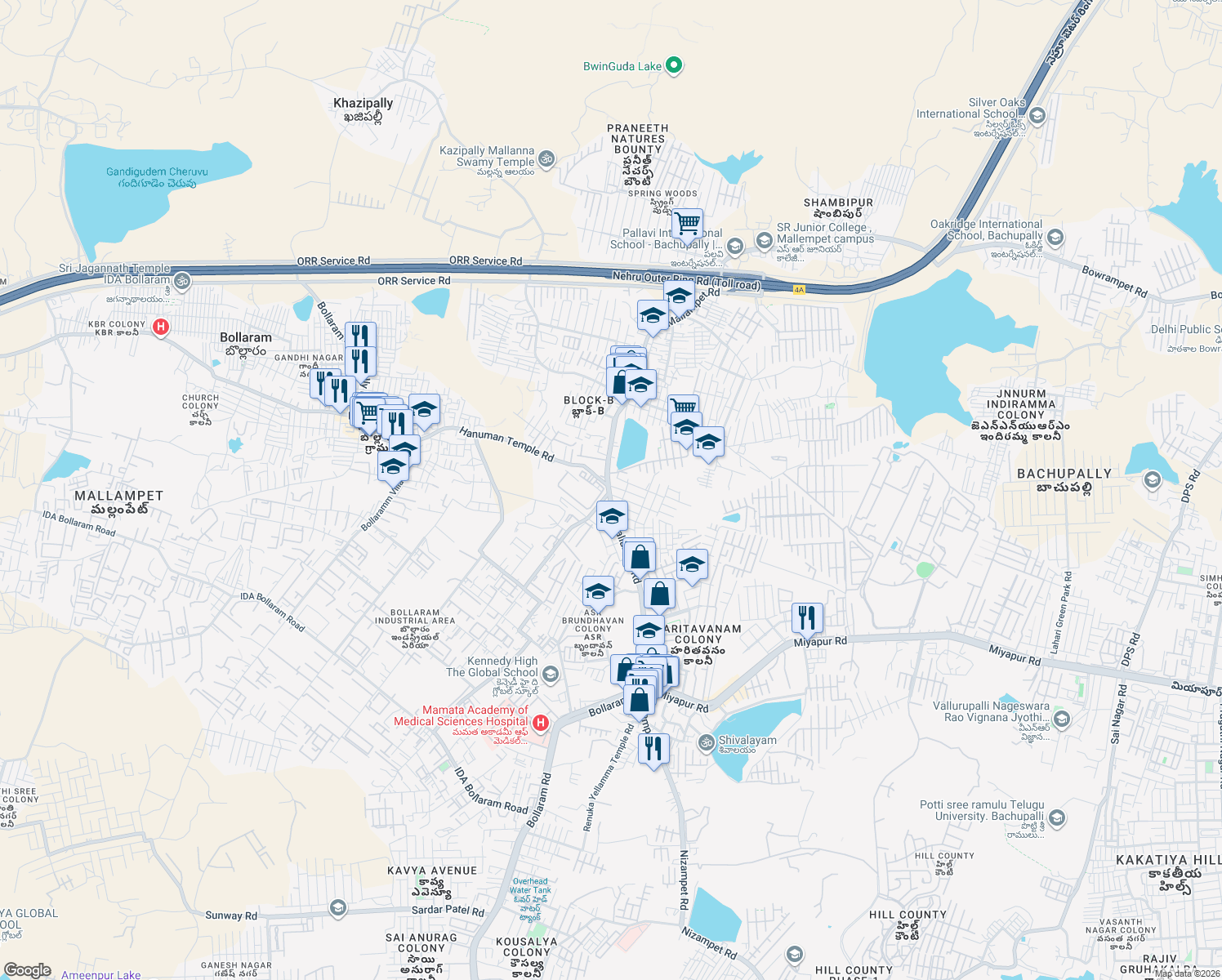 map of restaurants, bars, coffee shops, grocery stores, and more near Hi-Rise PVR Meadows Main Road in Hyderabad