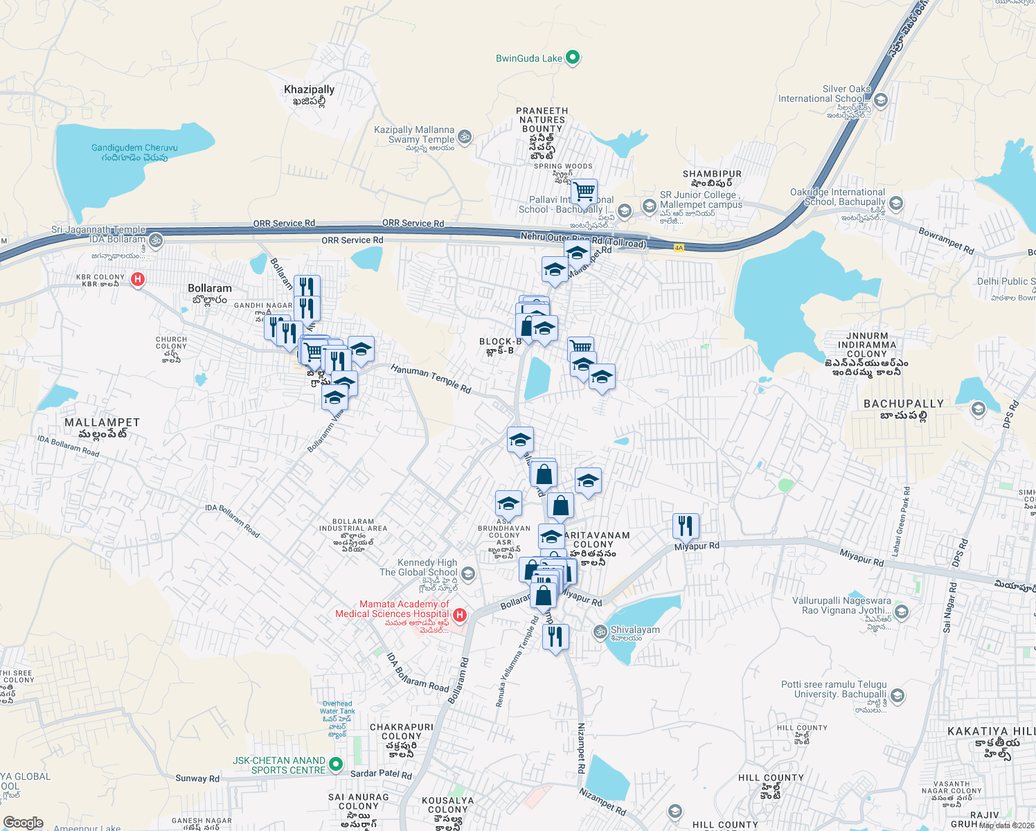map of restaurants, bars, coffee shops, grocery stores, and more near House # 110, HiRise Meadows, Mallampet Hi Rise Meadows Main Road in Hyderabad