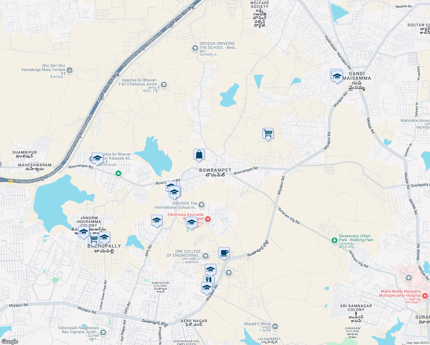 map of restaurants, bars, coffee shops, grocery stores, and more near Unnamed Road in Hyderabad
