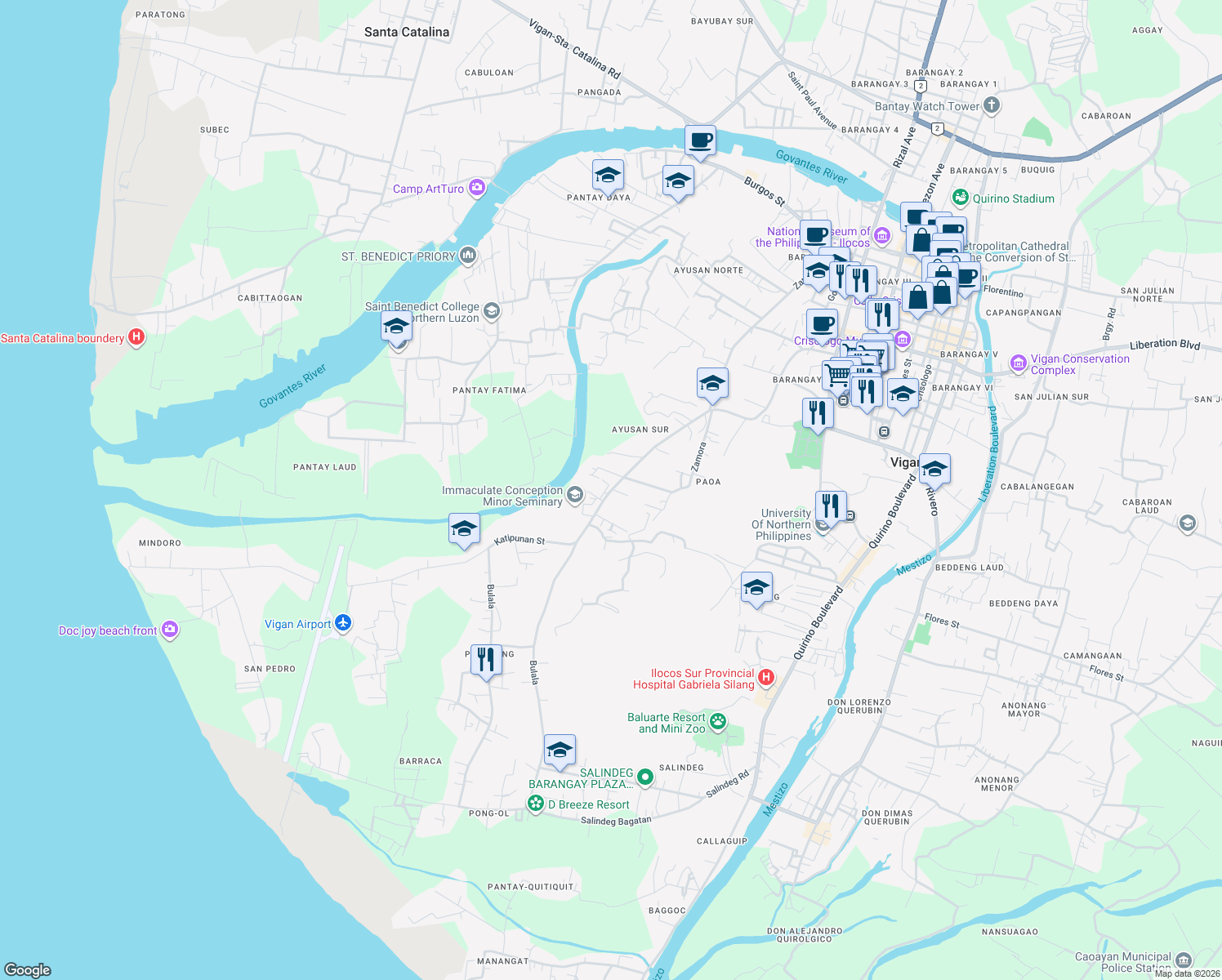 map of restaurants, bars, coffee shops, grocery stores, and more near Katipunan Street in Vigan City