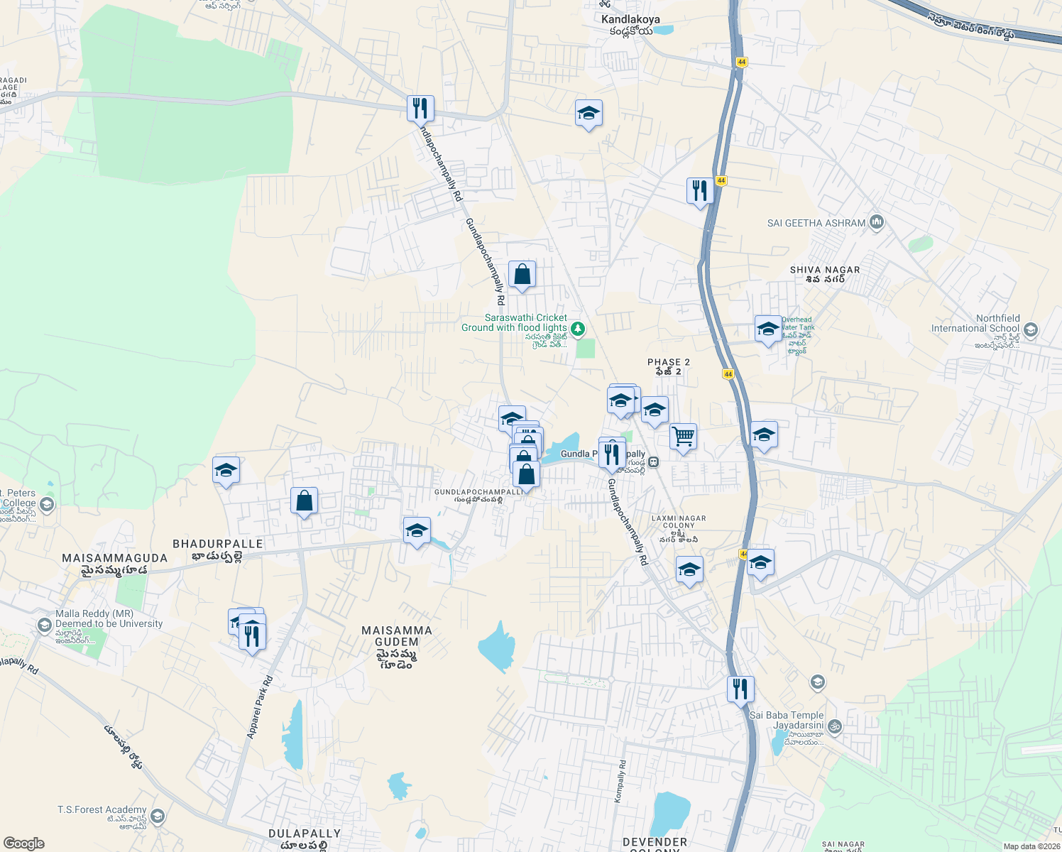map of restaurants, bars, coffee shops, grocery stores, and more near Gundlapochampally Road in Hyderabad