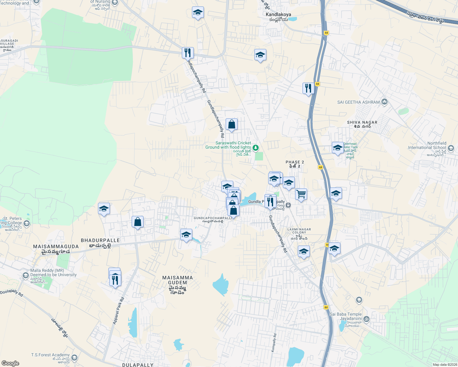 map of restaurants, bars, coffee shops, grocery stores, and more near Gundlapochampally Road in Hyderabad